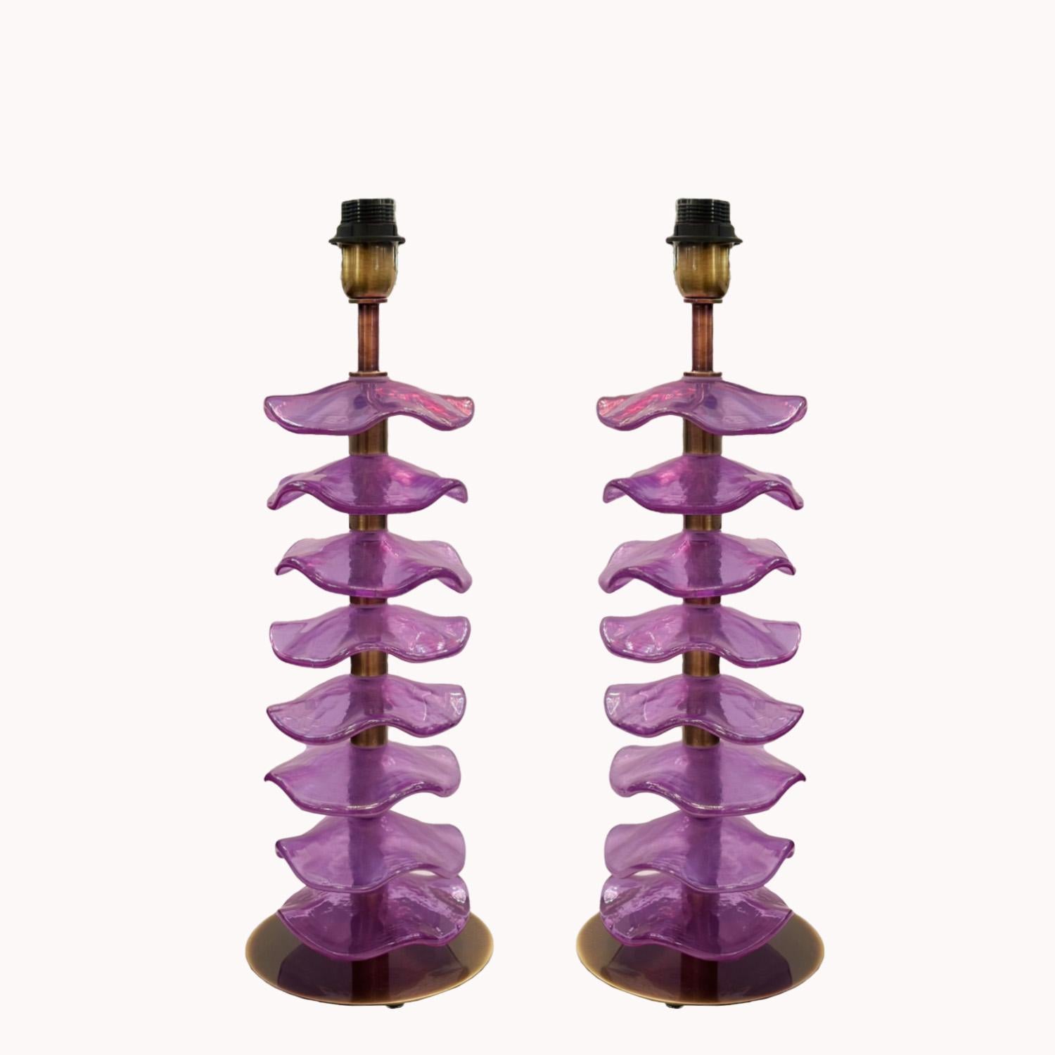 Modern Pair of Alexandrite Iridescent Petal Table Lamps For Sale