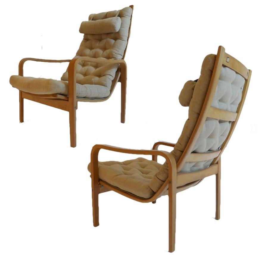Pair of Alf Svensson for Källemo Bent Plywood Tufted Swedish Lounge Chairs 1960s