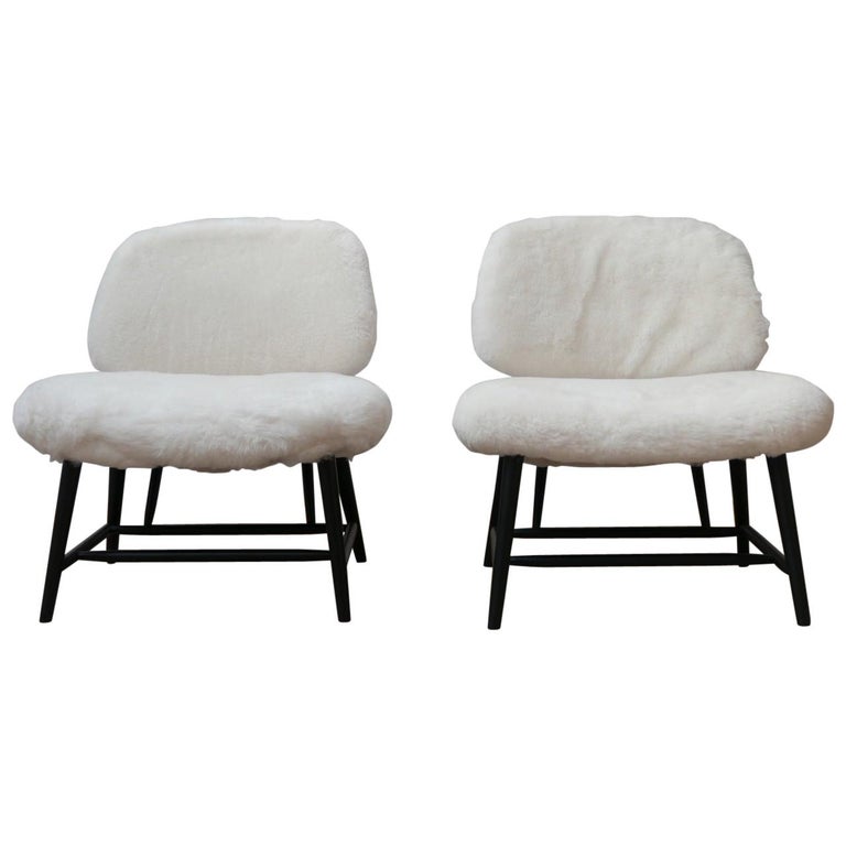 Pair of Alf Svensson 'TeVe' Sheepskin Shearling Lounge Chairs For Sale