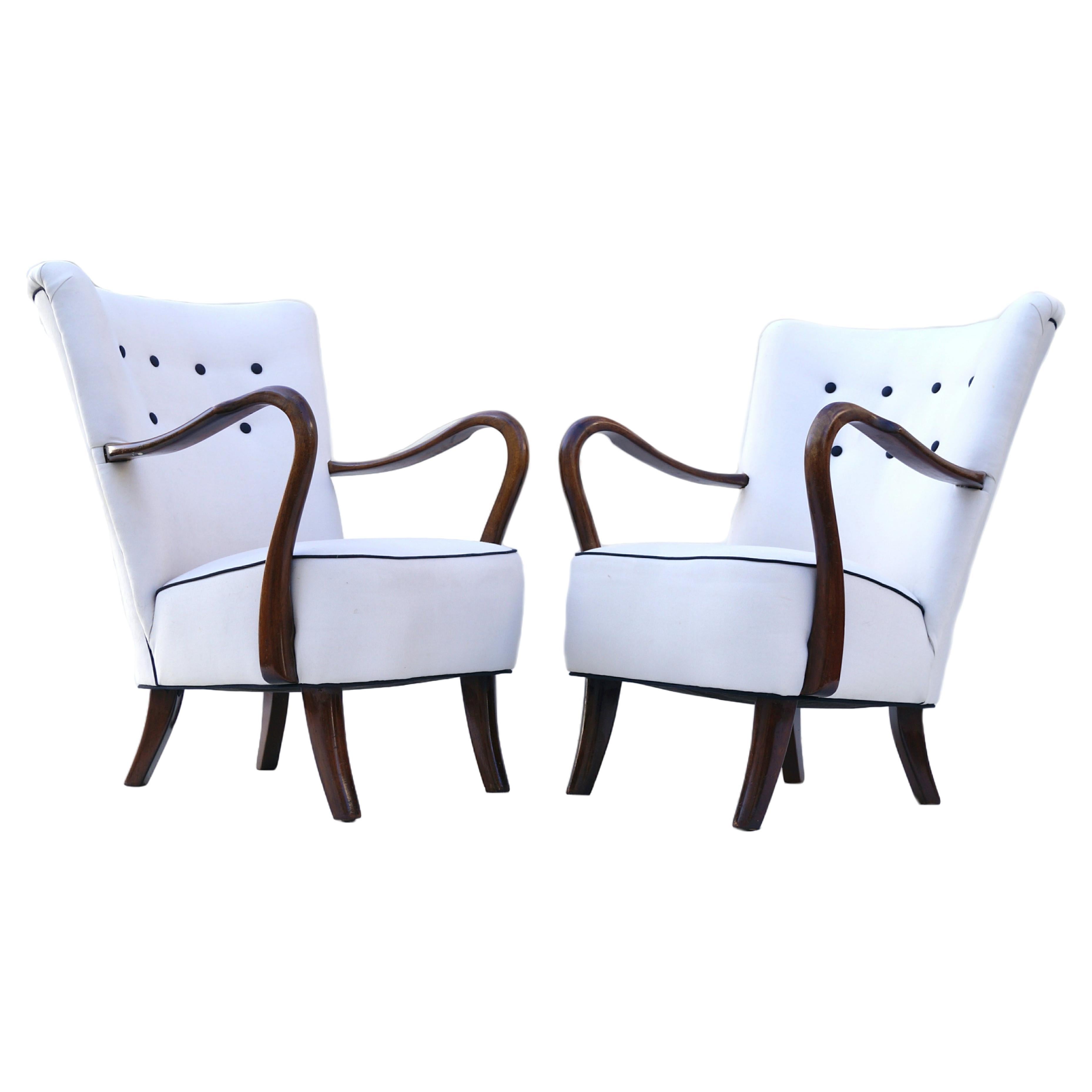 Pair of Alfred Christensen Danish 1940's Easy Lounge Chairs Sculptural Armrests  For Sale