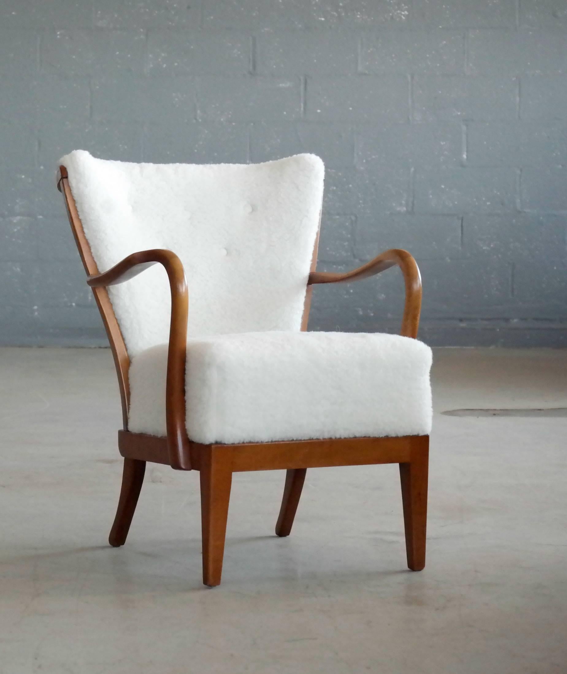 Danish Pair of Alfred Christensen Spindle Back Open Armrest Lounge Chair in Lambswool