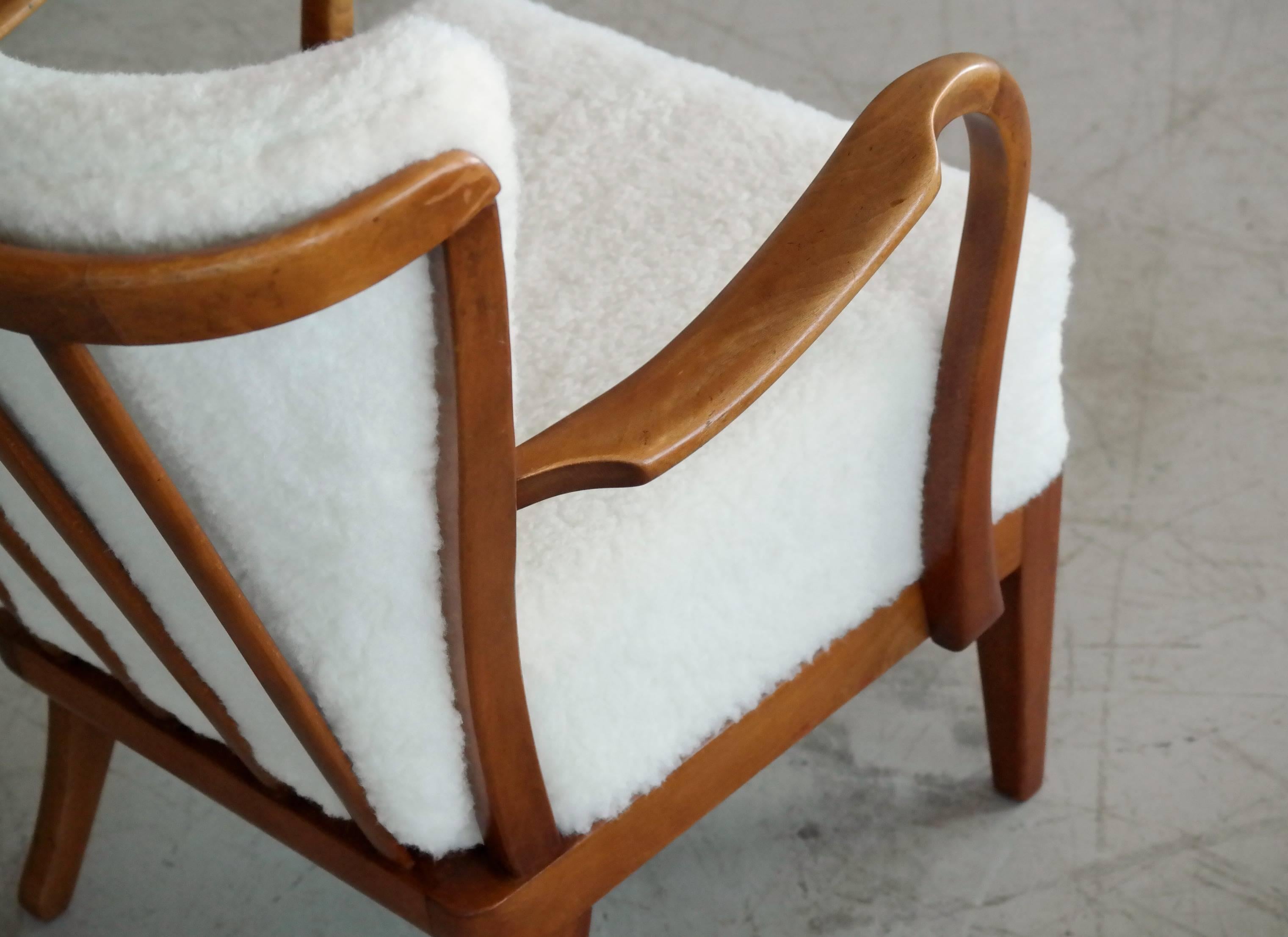 Pair of Alfred Christensen Spindle Back Open Armrest Lounge Chair in Lambswool In Good Condition In Bridgeport, CT