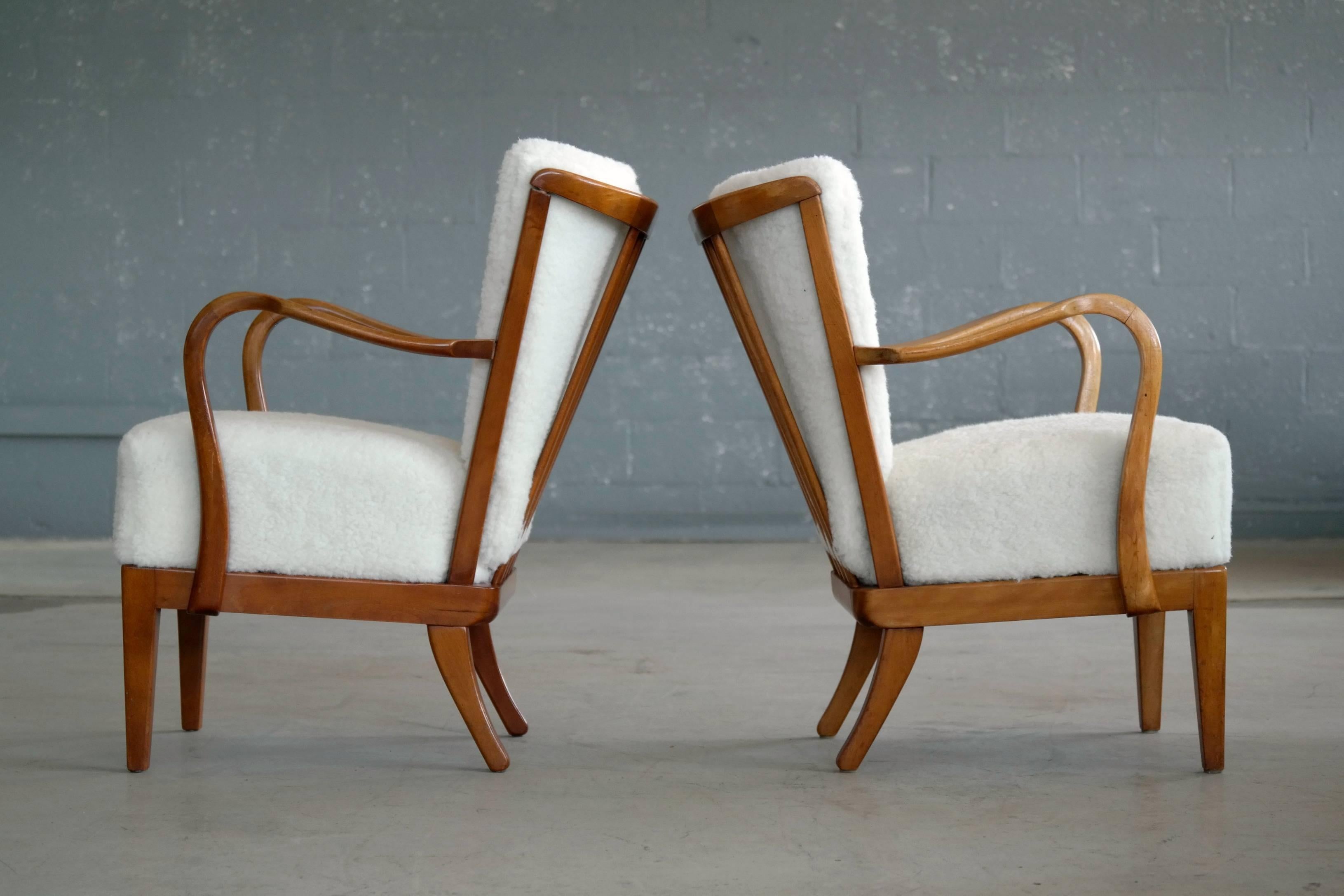 Mid-20th Century Pair of Alfred Christensen Spindle Back Open Armrest Lounge Chair in Lambswool