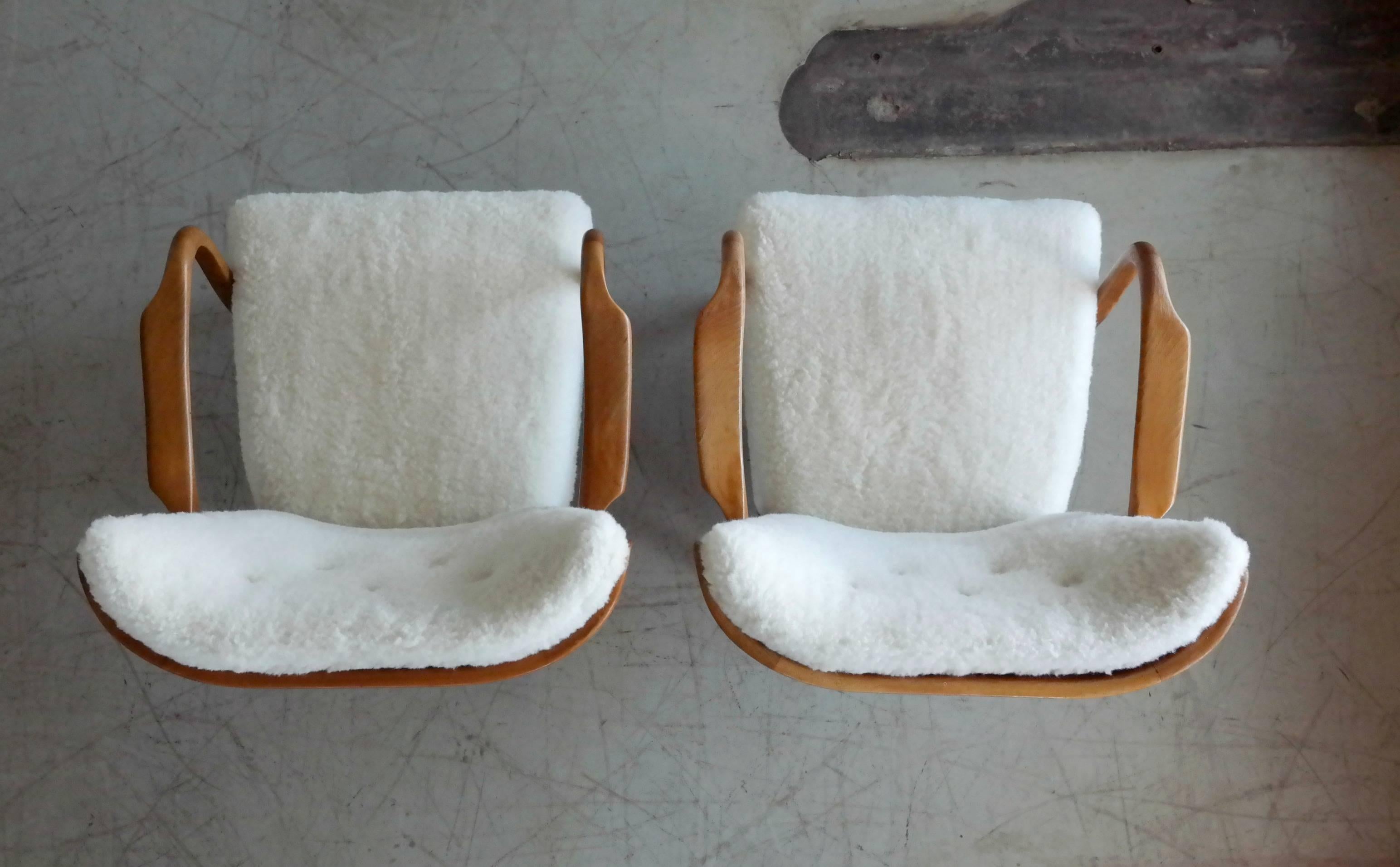 Pair of Alfred Christensen Spindle Back Open Armrest Lounge Chair in Lambswool 1