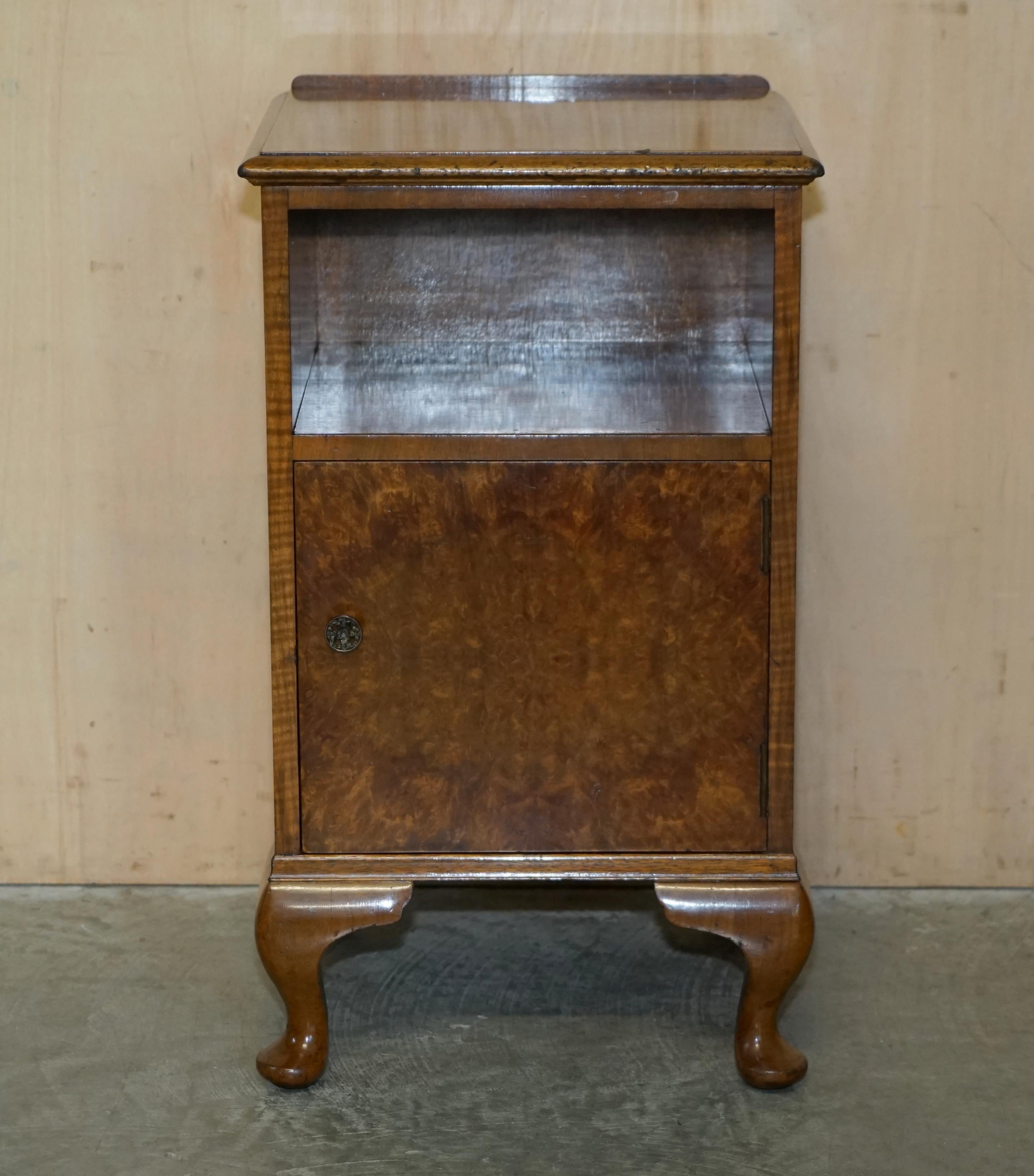 Hand-Crafted Pair of Alfred COX Burr Walnut Bedside Nightstand Cupboards or Lamp Wine Tables