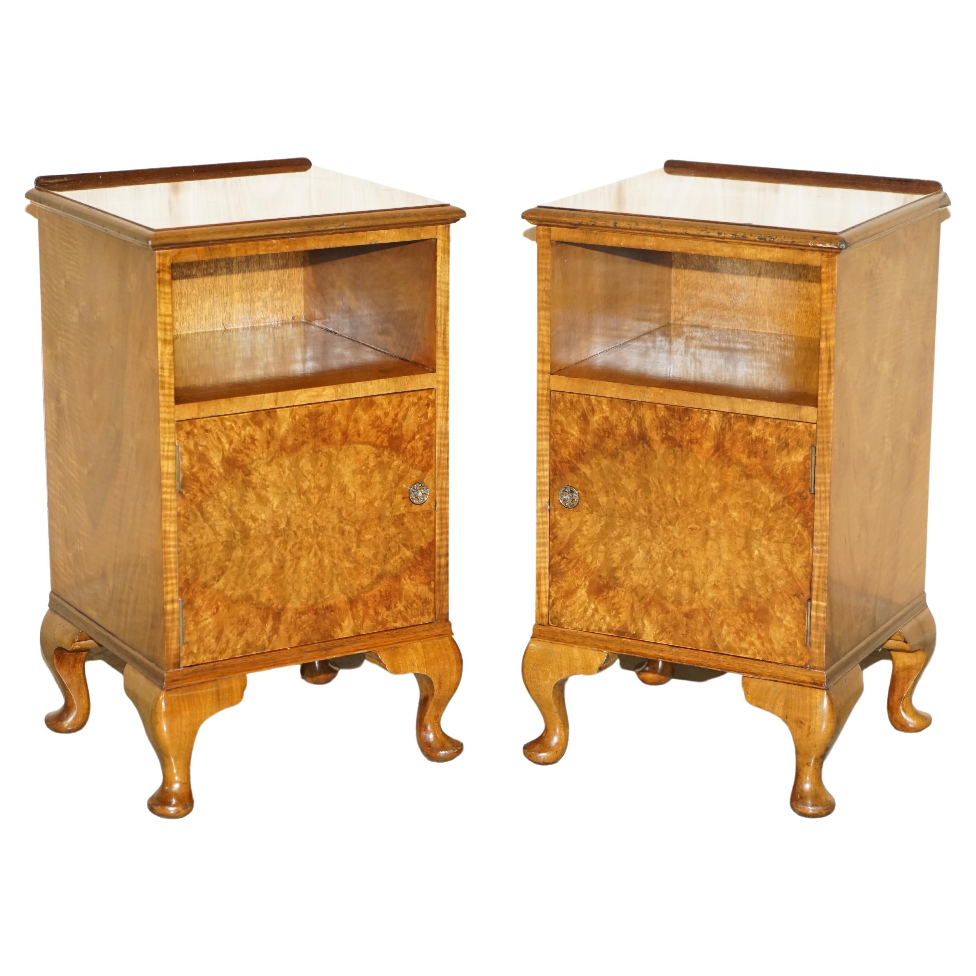 Pair of Alfred COX Burr Walnut Bedside Nightstand Cupboards or Lamp Wine Tables