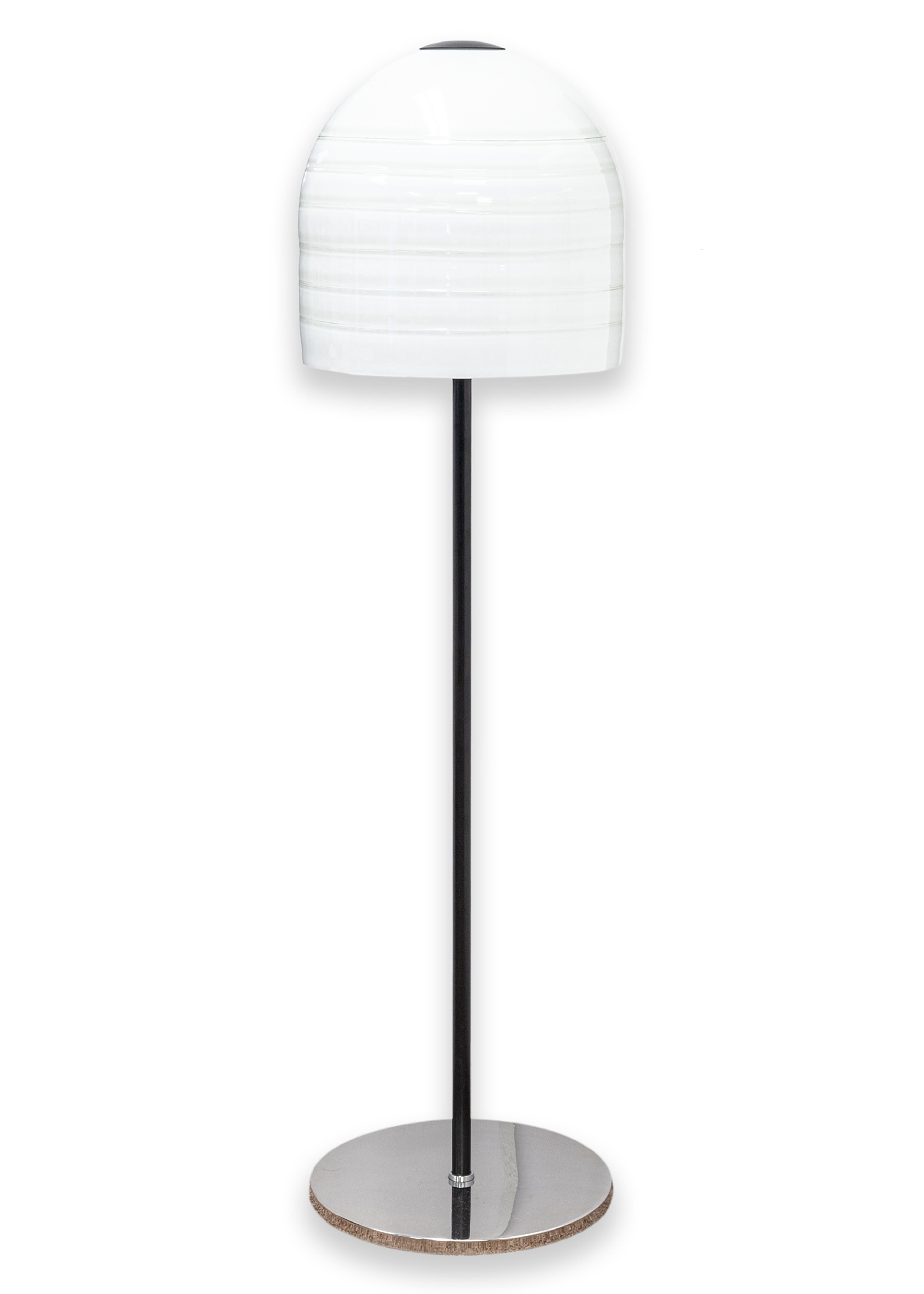 A pair of Alfredo Barbini for Murano glass floor lamps. This gorgeous set of floor lamps feature a full metal frame and a stunning set of Murano glass lamp shades. Each of the lamp shades are unique to the piece and hand blow. They feature an all
