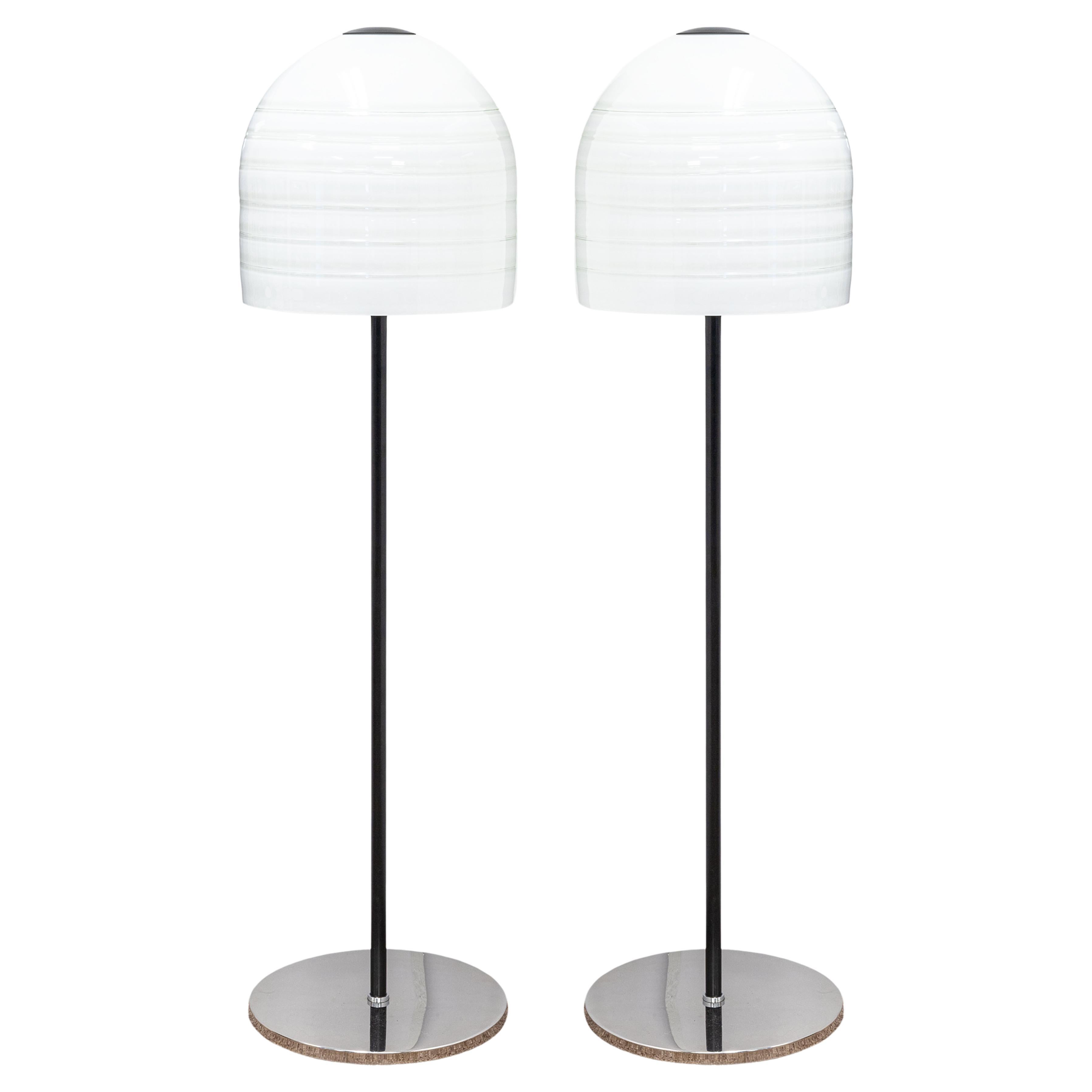 Pair of Alfredo Barbini for Murano Glass Black Metal and Chrome Floor Lamps