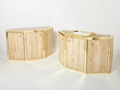 Pair of Alfredo Freda Brass and Travertine Cabinets Buffets, 1975