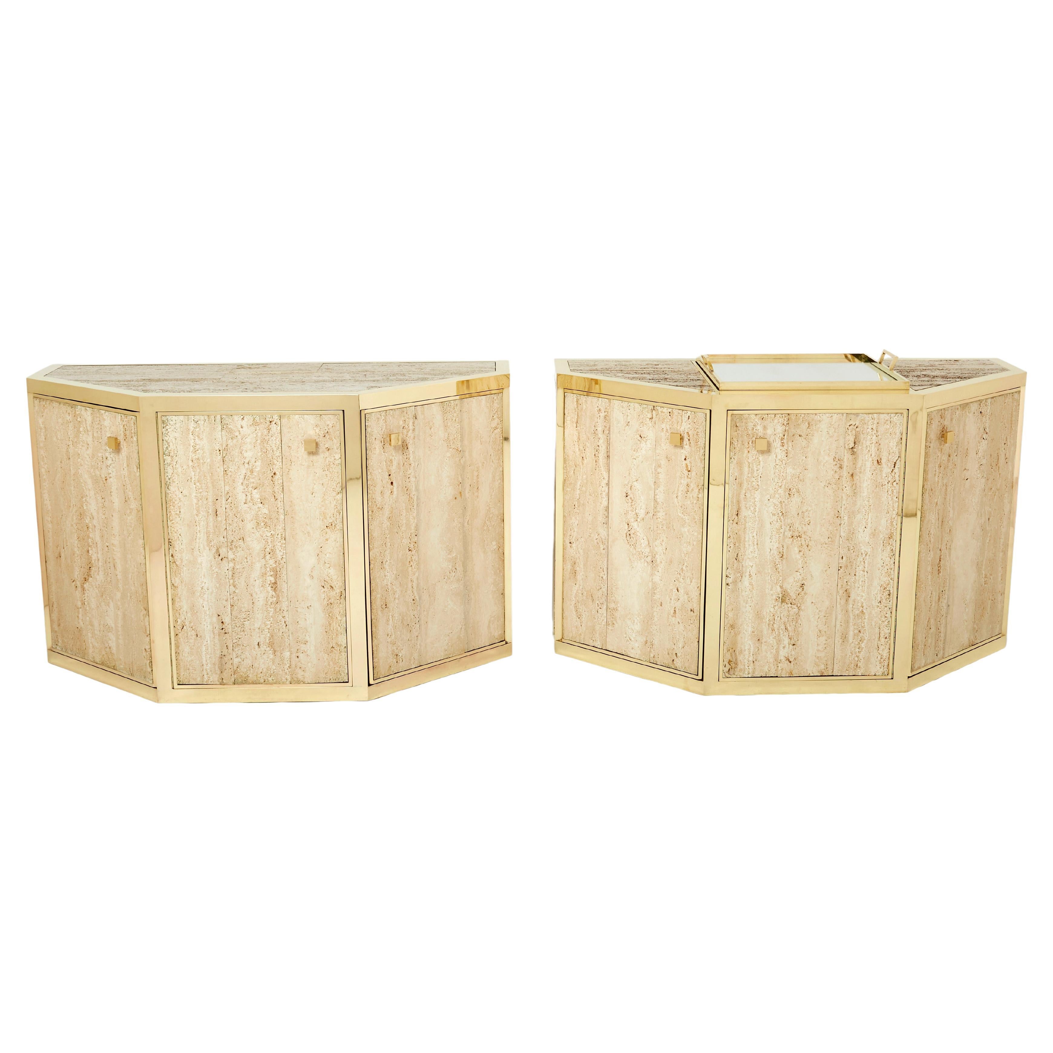 Pair of Alfredo Freda Brass and Travertine Cabinets Buffets, 1975