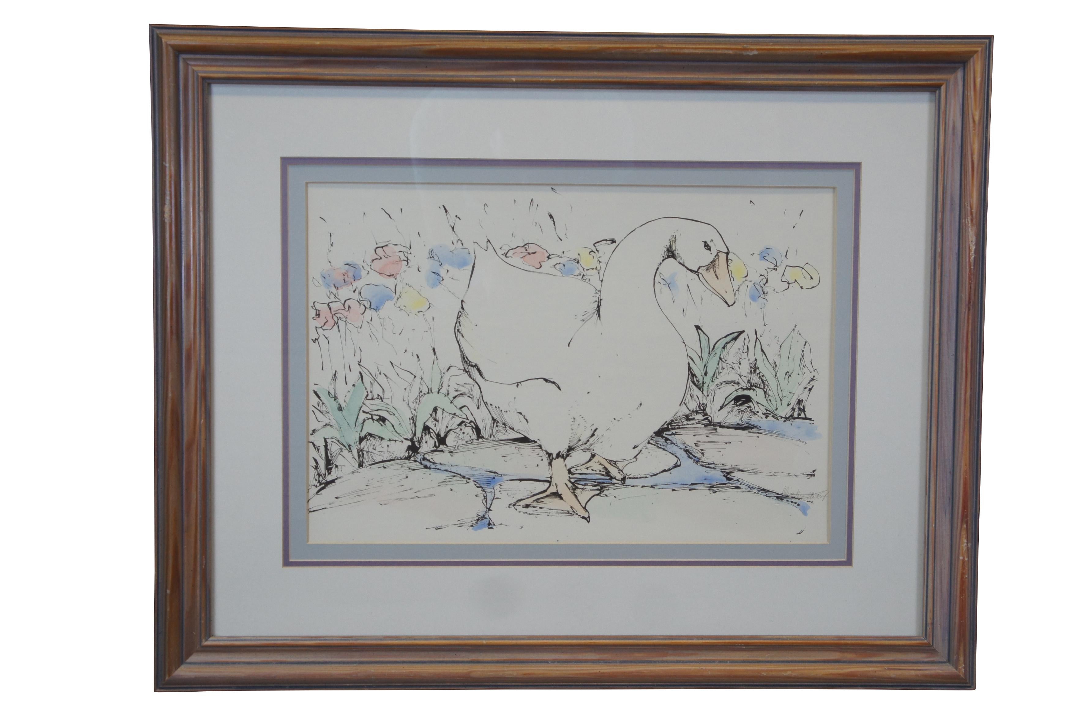 An original pair of watercolors by Alice Magnolia Lacey, circa last quarter 20th century. Each painting features a goose in stride on a stone walkway with flowers. Signed along the right. Framed in oak.

Measures: 29.5