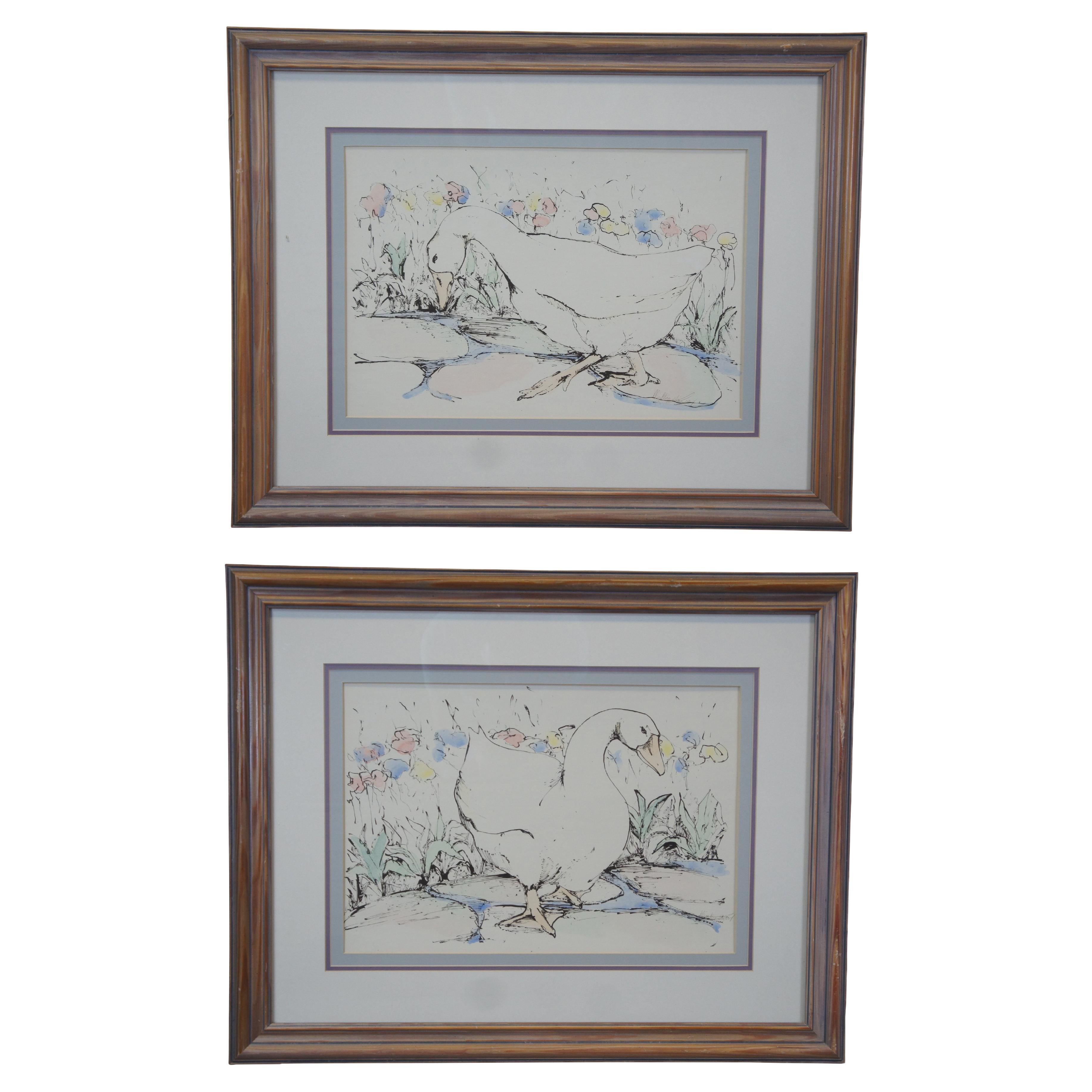 Pair of Alice Magnolia Lacey Goose Portrait Watercolor Paintings Duck Geese