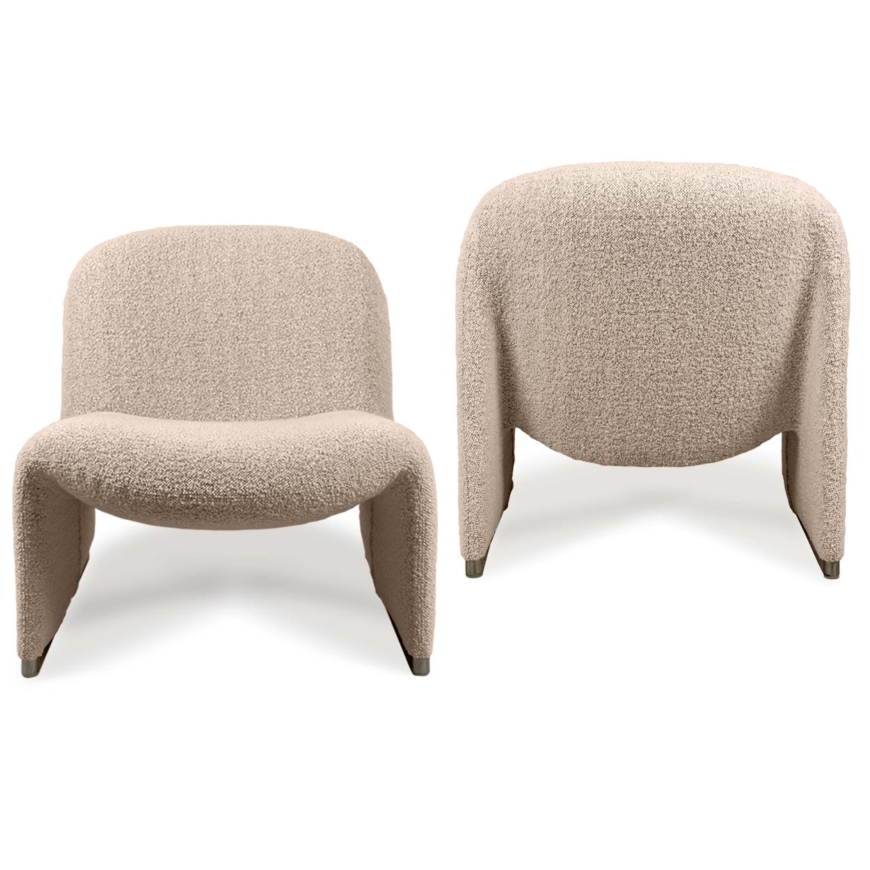 Mid-Century Modern Pair of 'Alky' Chairs by Piretti New Upholstery Boucle Nacre Erose Dedar