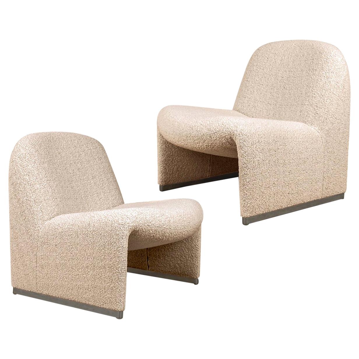 Pair of 'Alky' Chairs by Piretti New Upholstery Boucle Nacre Erose Dedar