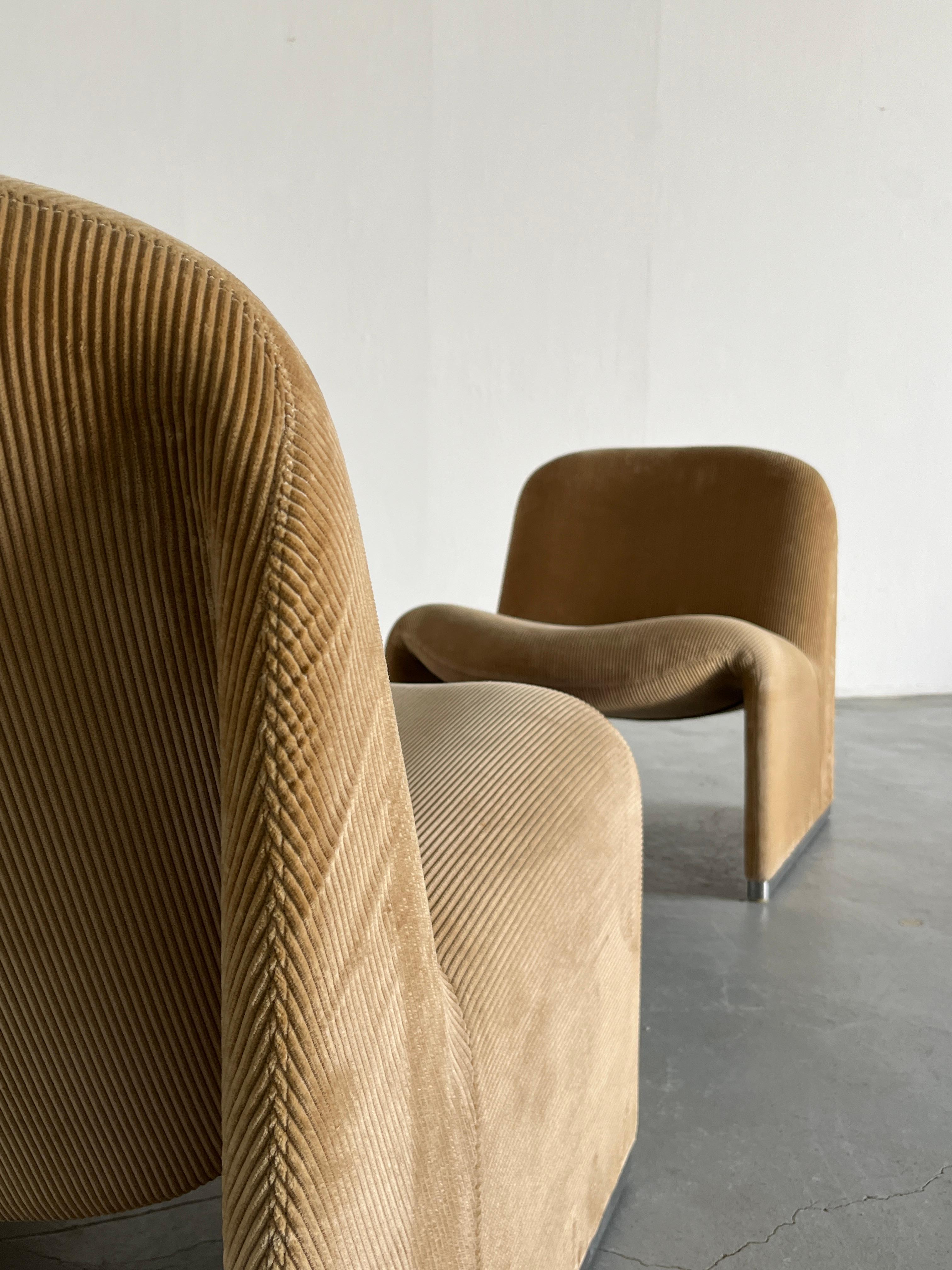 Metal Pair of Alky Chairs in Beige Corduroy by Giancarlo Piretti for Anonima Castelli
