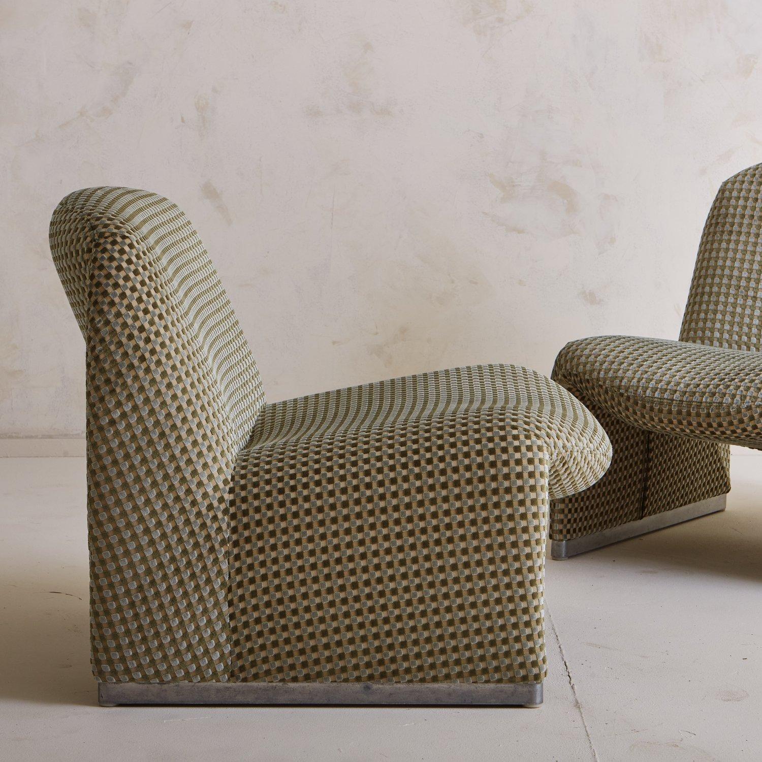 Pair of Alky Chairs in Checkered Green Velvet by Giancarlo Piretti for Castelli 4