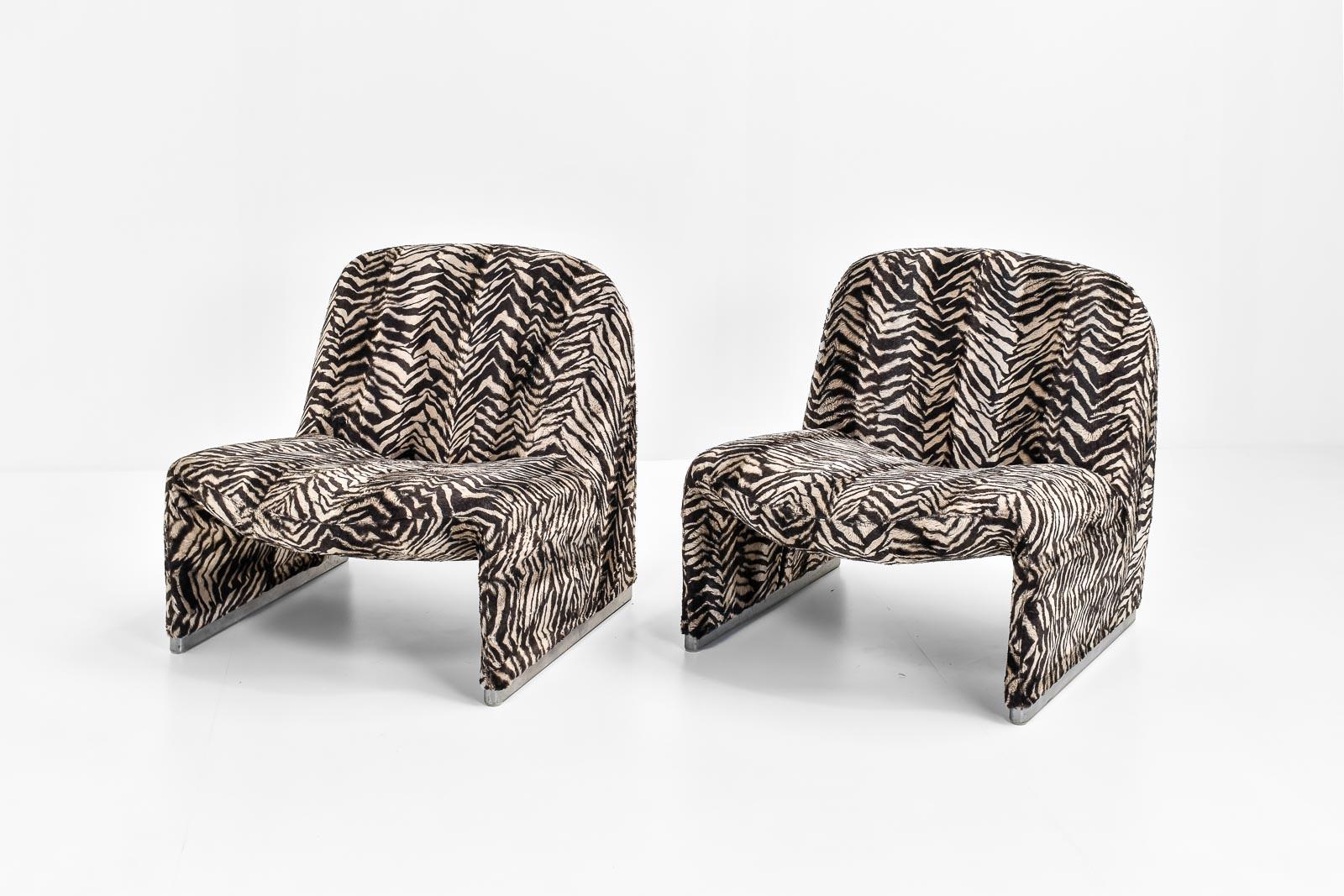 Mid-Century Modern Pair of Alky Chairs in Zebra Fabric by Giancarlo Piretti, 1970s