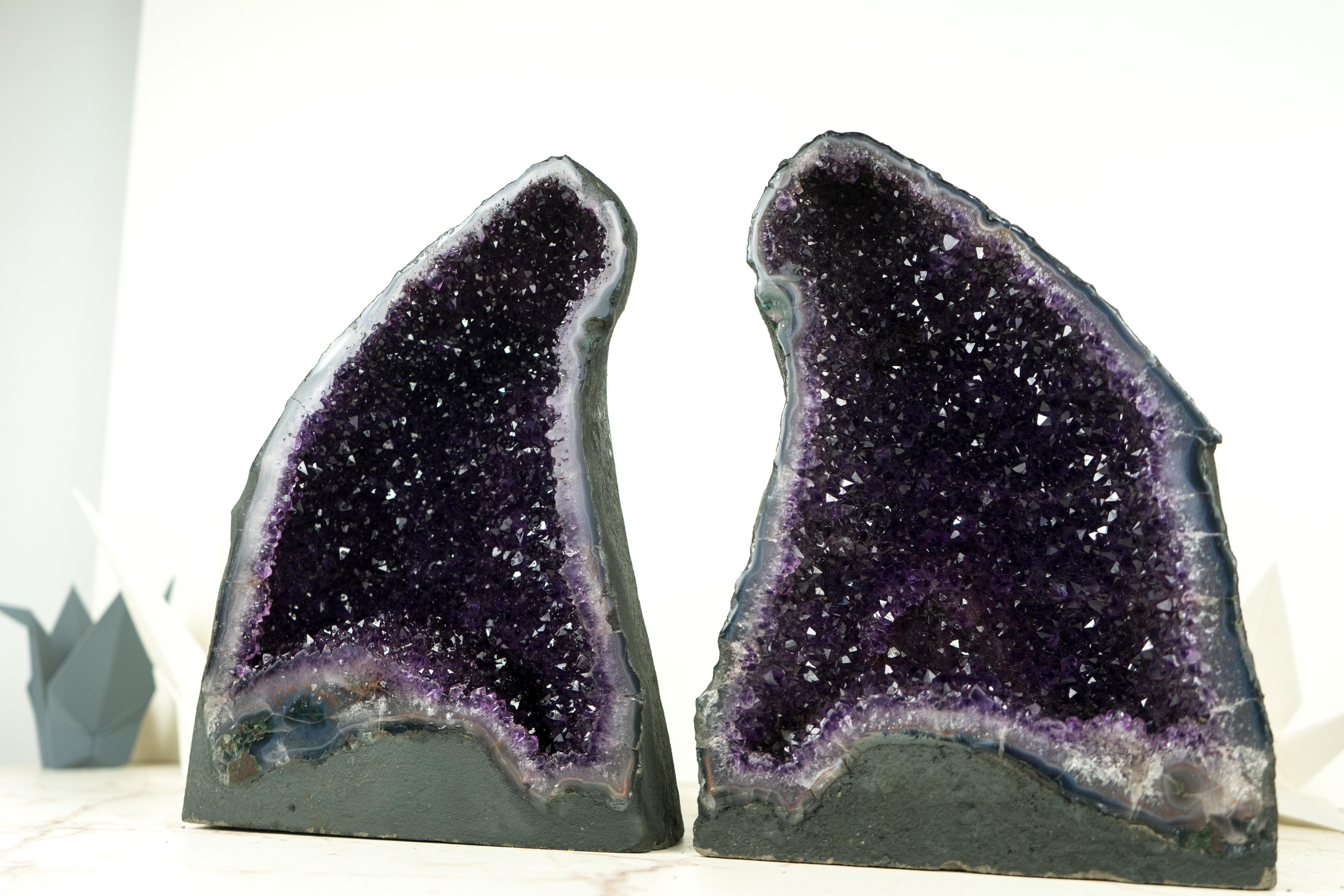 Pair of All-Natural Amethyst Geodes: Intense Purple Amethyst with Galaxy Druzy For Sale 4