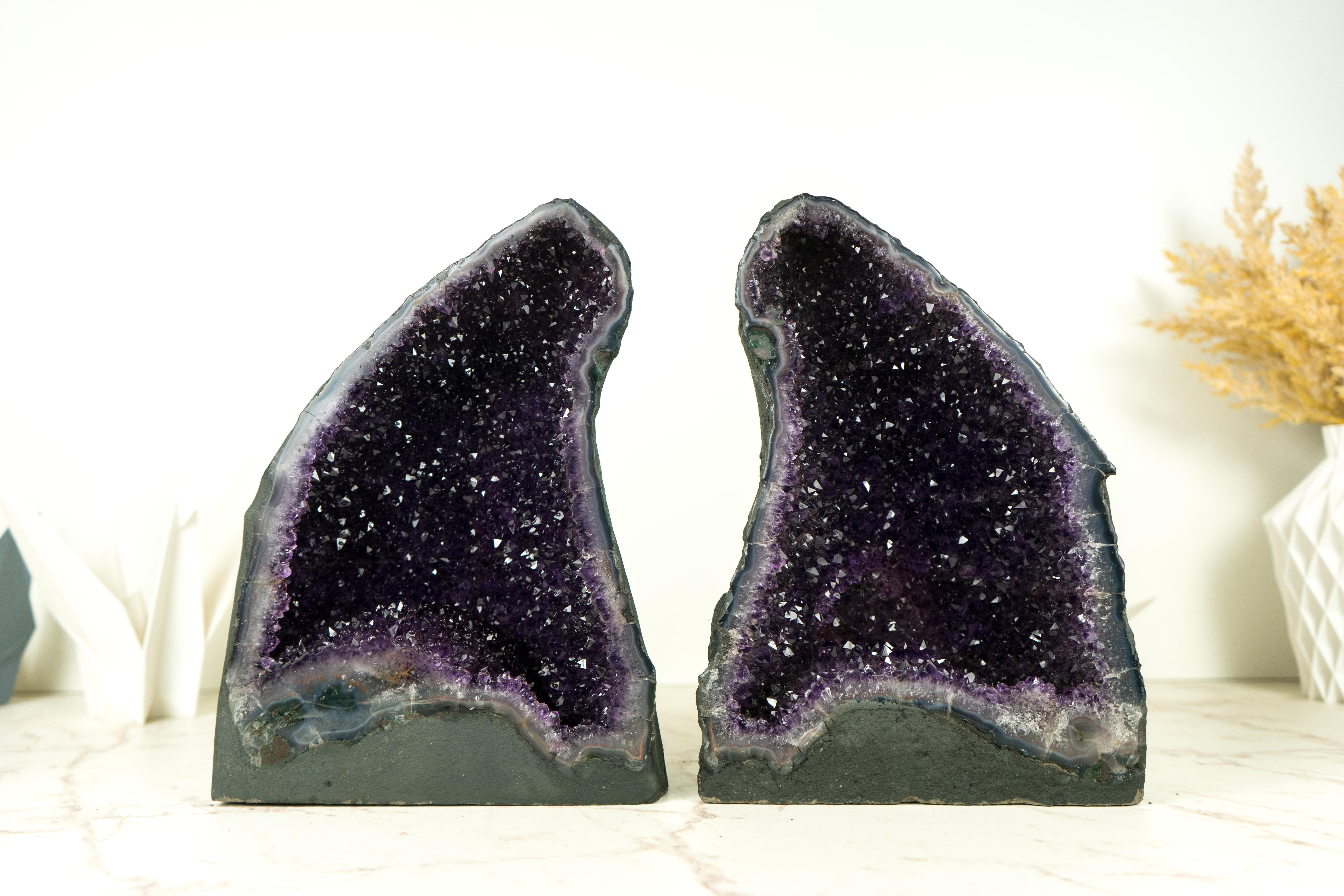Pair of All-Natural Amethyst Geodes: Intense Purple Amethyst with Galaxy Druzy For Sale 5