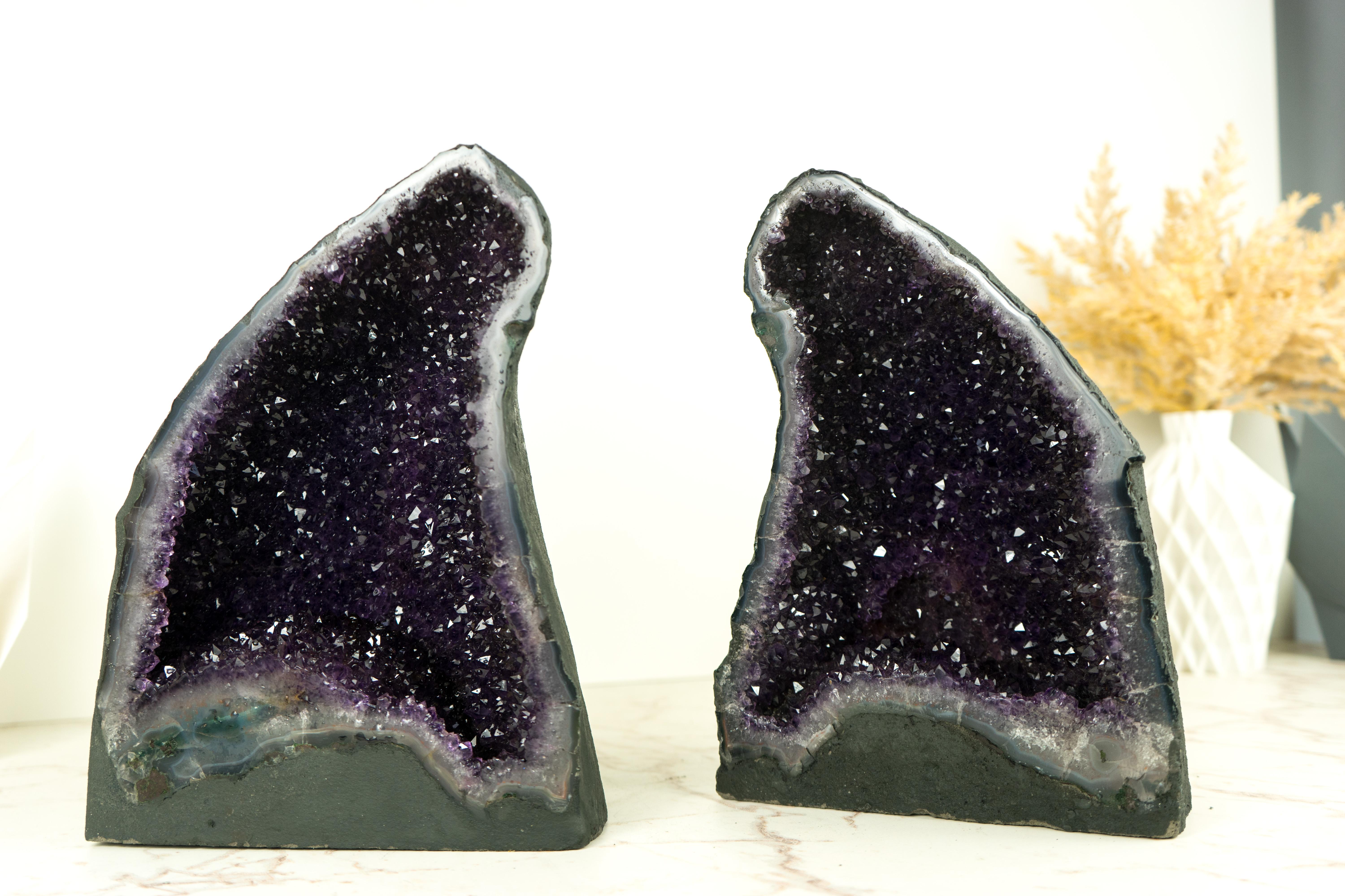 Brazilian Pair of All-Natural Amethyst Geodes: Intense Purple Amethyst with Galaxy Druzy For Sale
