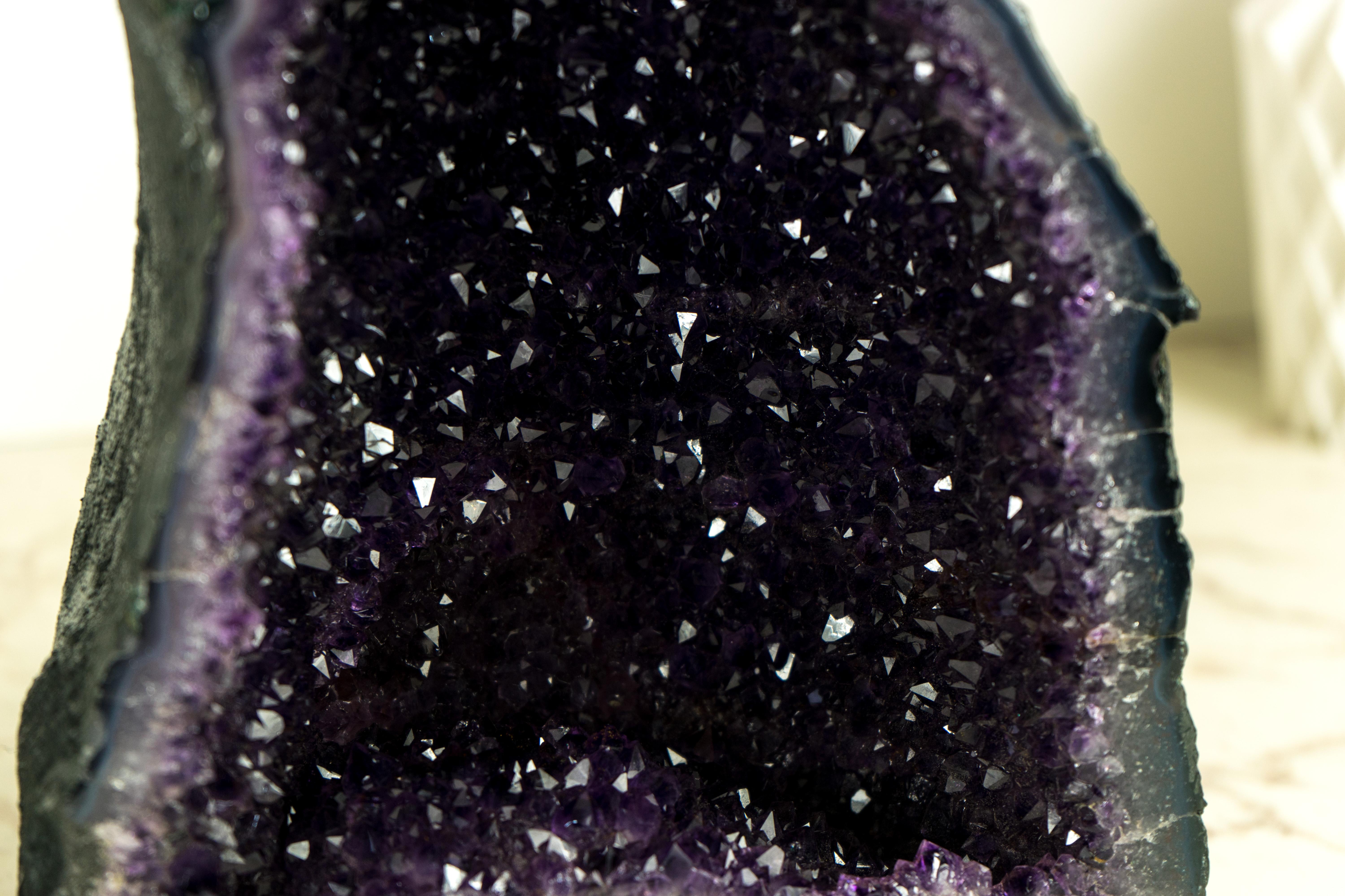 Contemporary Pair of All-Natural Amethyst Geodes: Intense Purple Amethyst with Galaxy Druzy For Sale