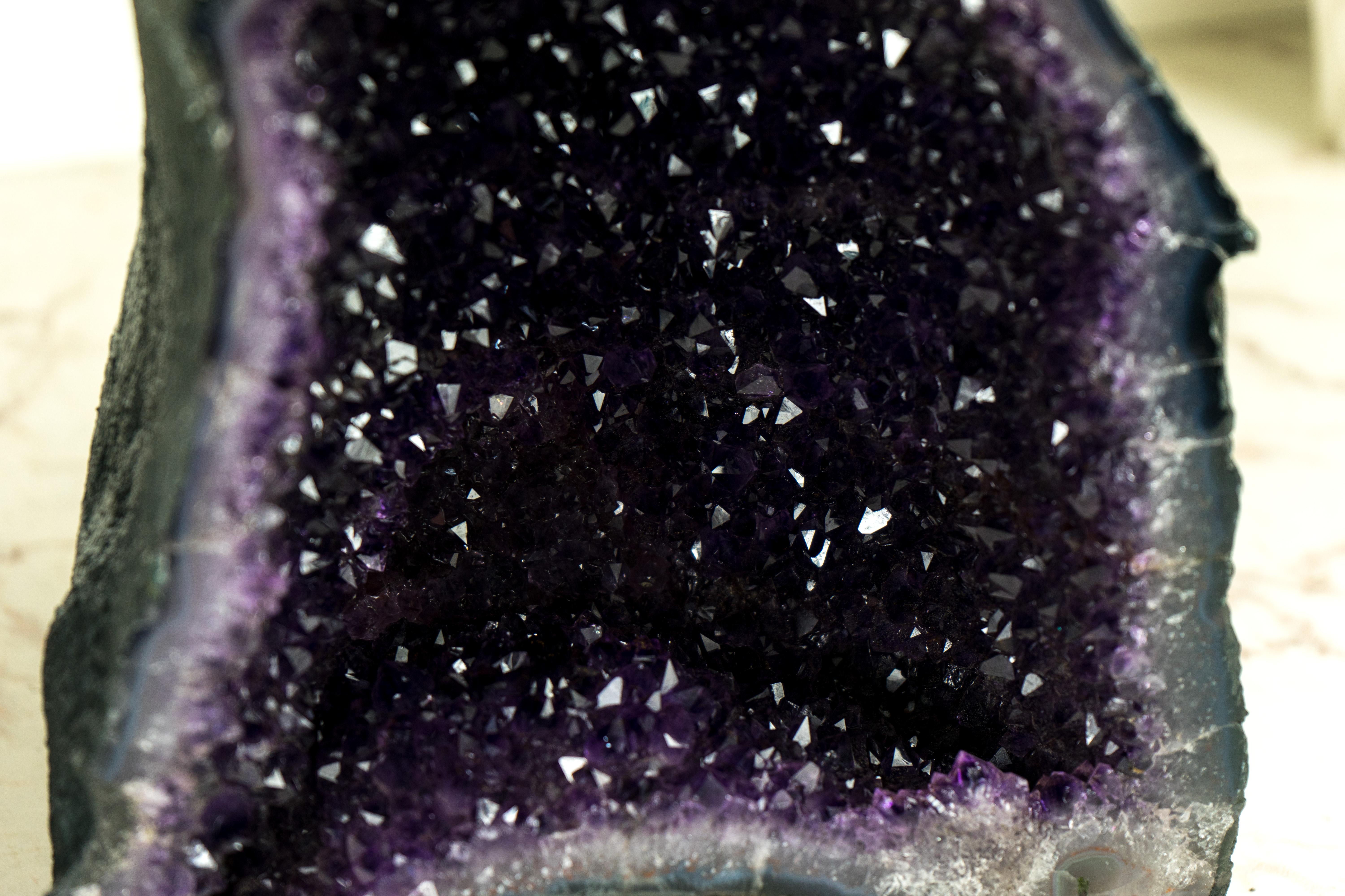 Agate Pair of All-Natural Amethyst Geodes: Intense Purple Amethyst with Galaxy Druzy For Sale