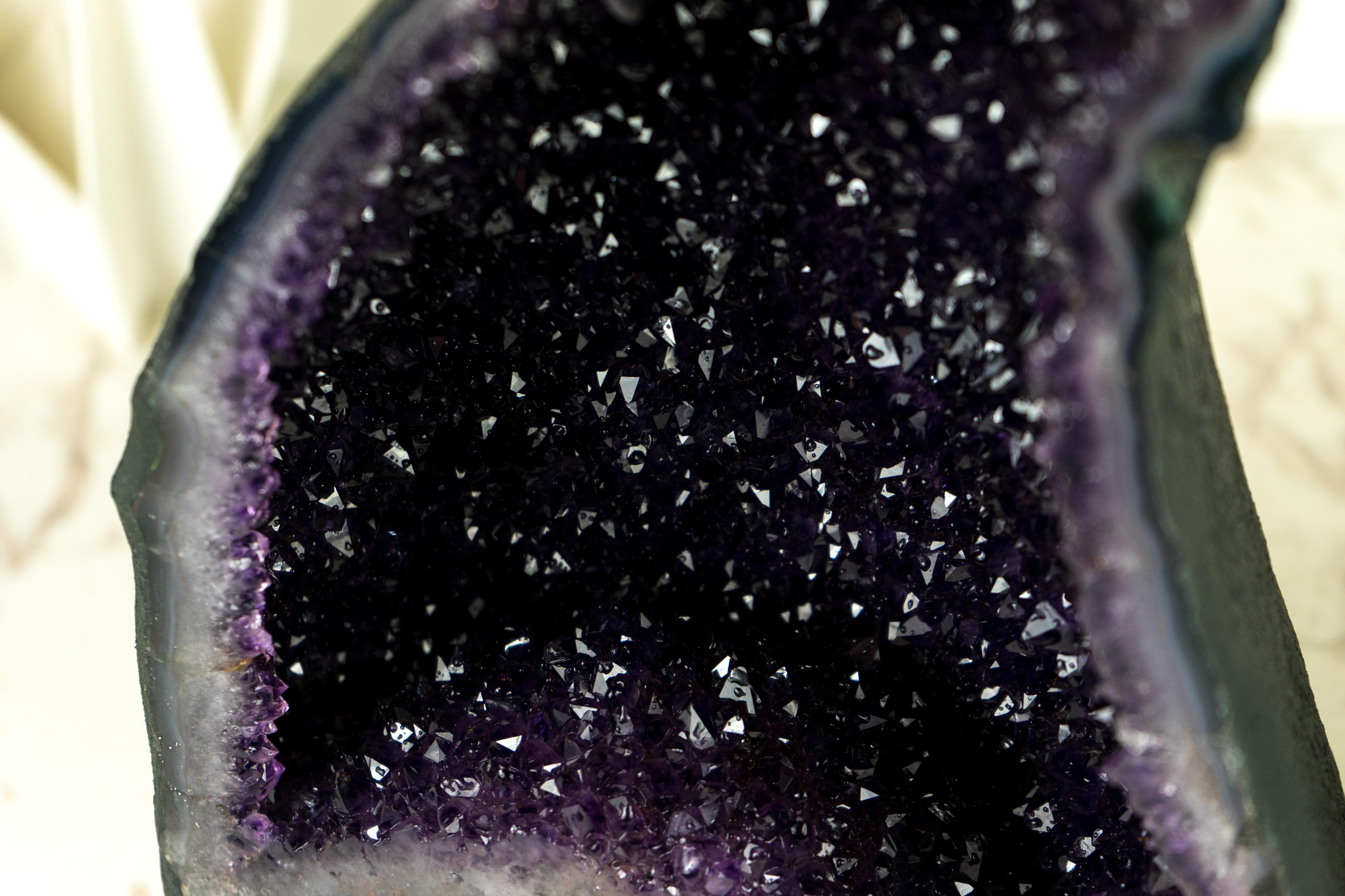 Pair of All-Natural Amethyst Geodes: Intense Purple Amethyst with Galaxy Druzy For Sale 1