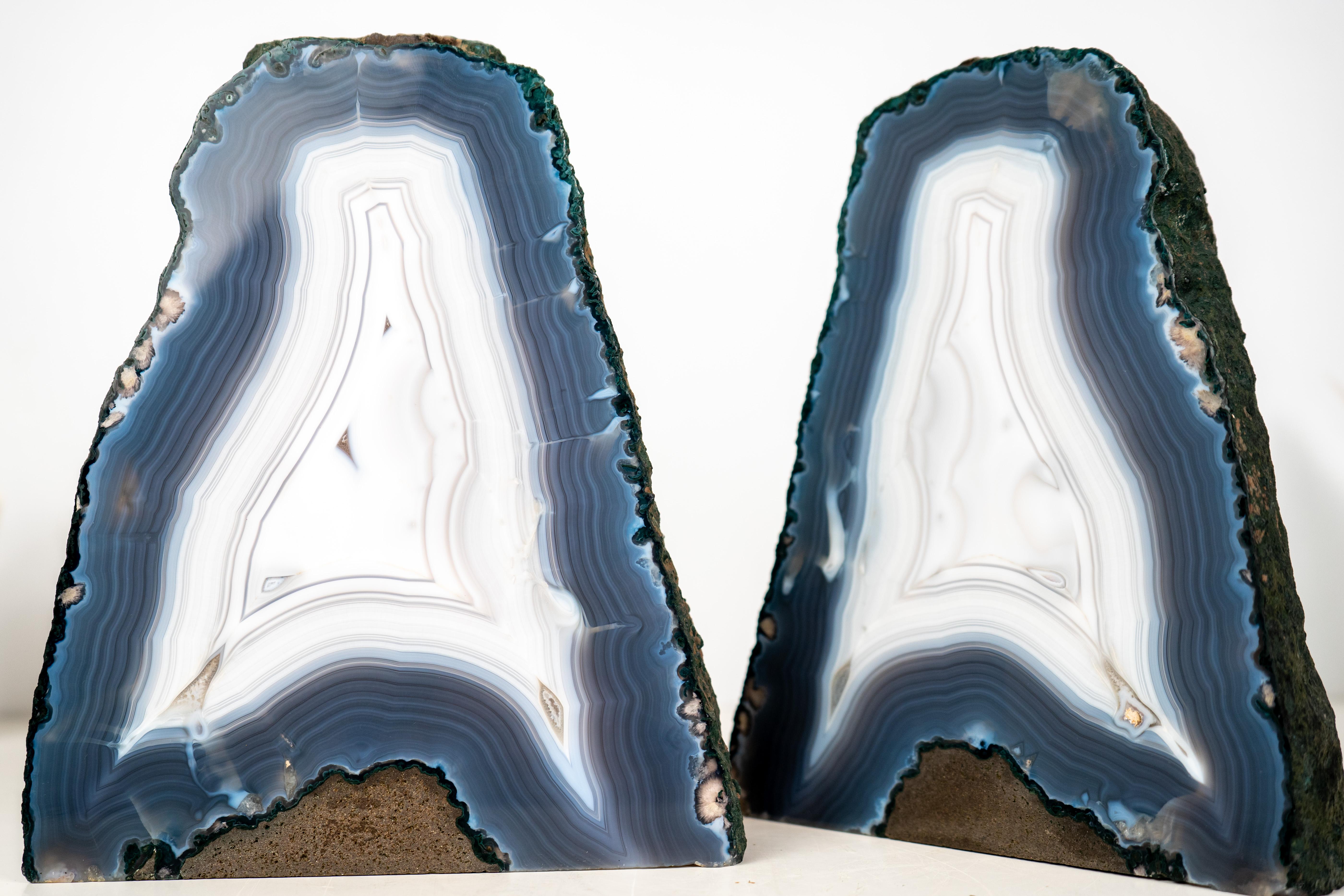 Pair of All-Natural Blue and White Agate Lace Geodes with Intact Drawn Lines For Sale 5