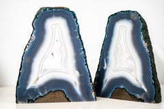 Pair of All-Natural Blue and White Agate Lace Geodes with Intact Drawn Lines