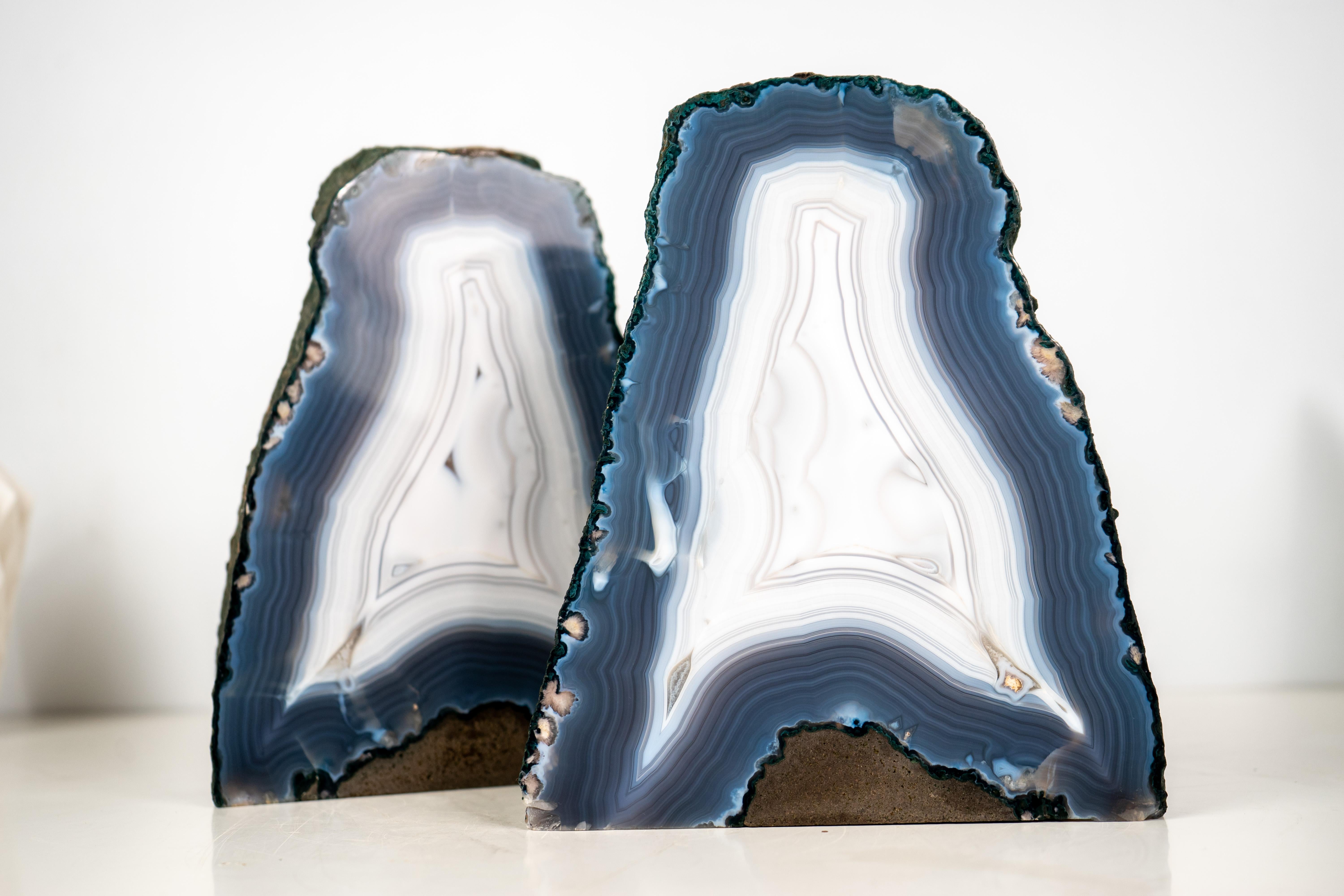 Brazilian Pair of All-Natural Blue and White Agate Lace Geodes with Intact Drawn Lines For Sale