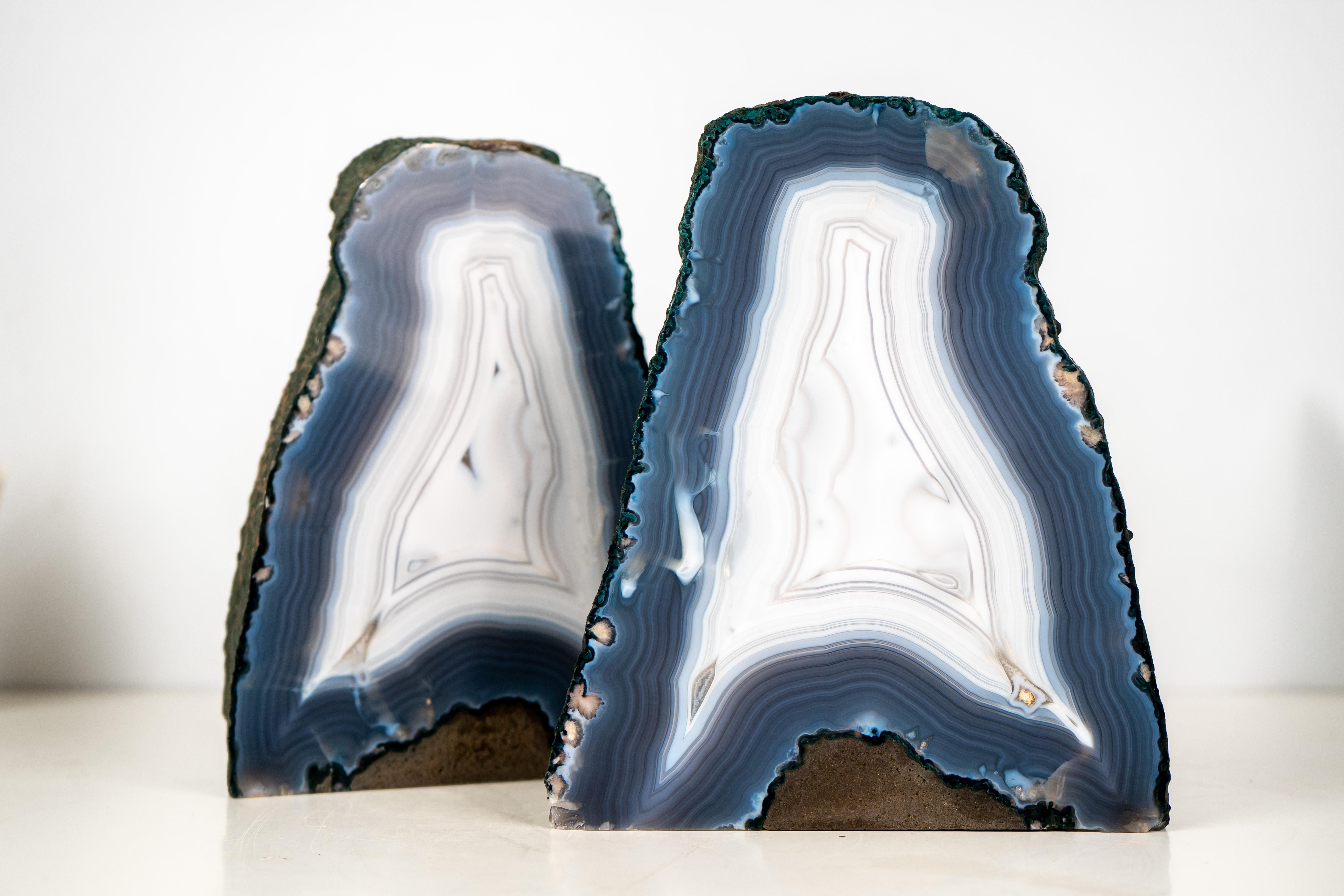 Contemporary Pair of All-Natural Blue and White Agate Lace Geodes with Intact Drawn Lines For Sale