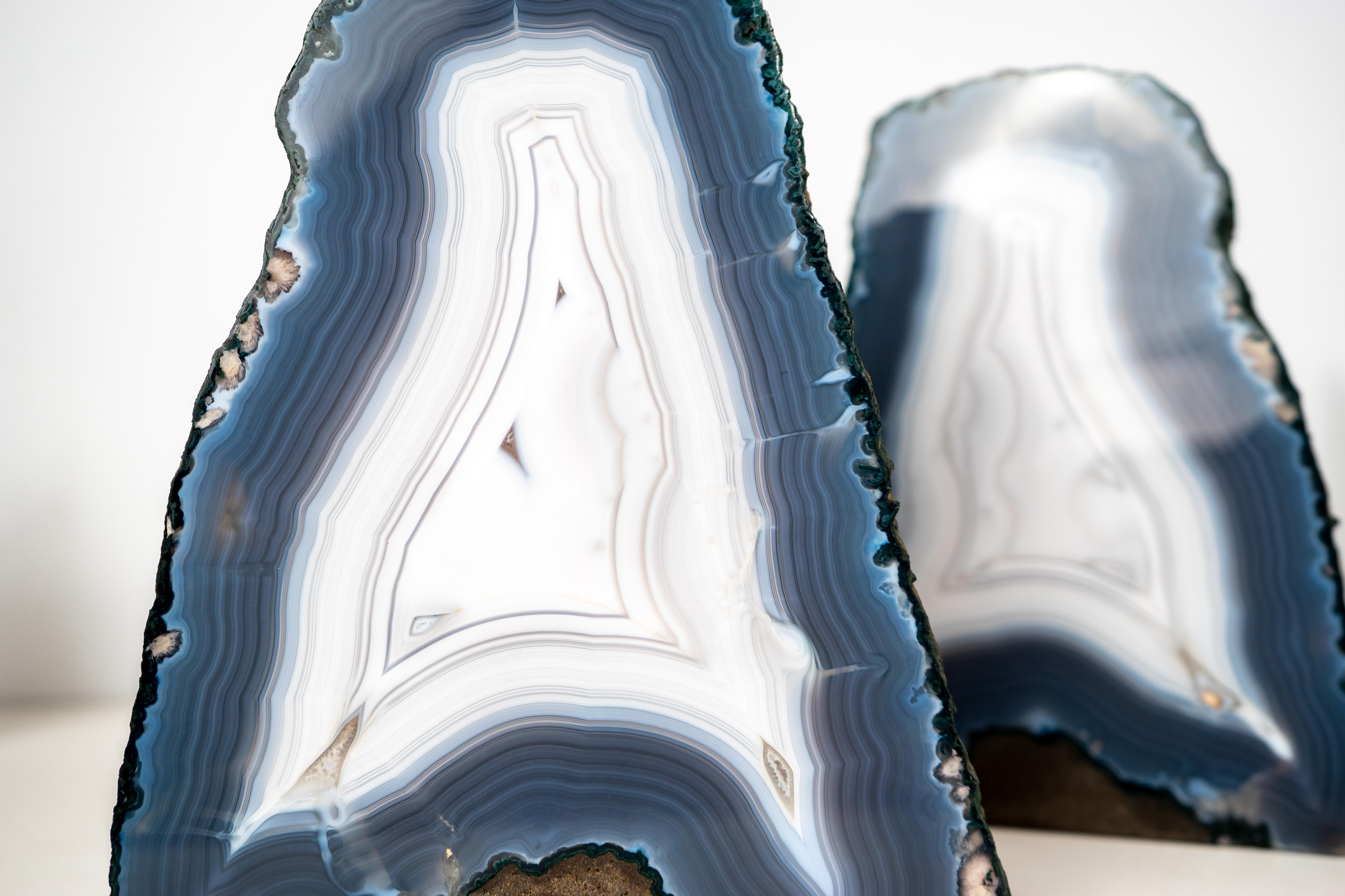 Crystal Pair of All-Natural Blue and White Agate Lace Geodes with Intact Drawn Lines For Sale