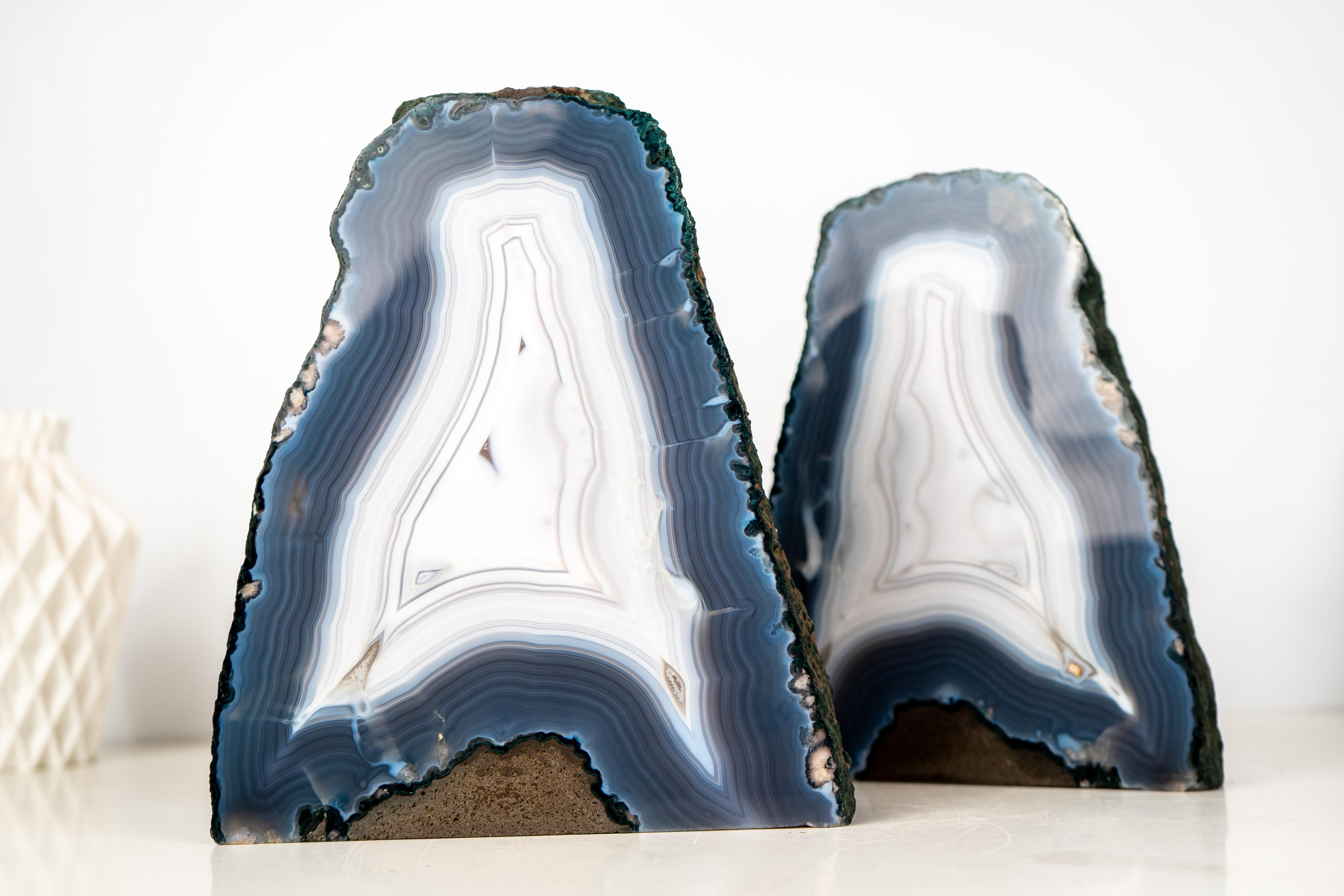 Pair of All-Natural Blue and White Agate Lace Geodes with Intact Drawn Lines For Sale 1
