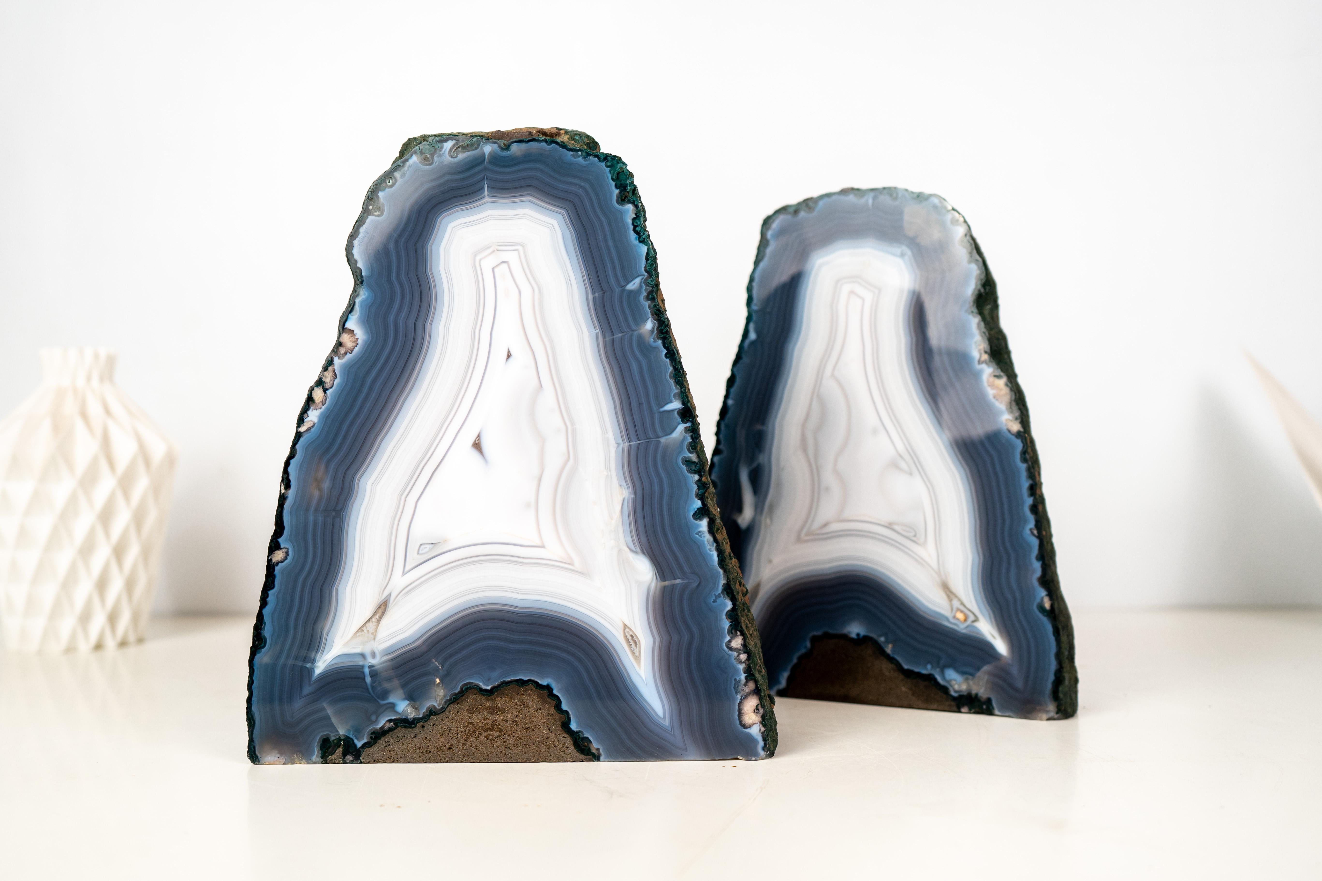 Pair of All-Natural Blue and White Agate Lace Geodes with Intact Drawn Lines For Sale 2