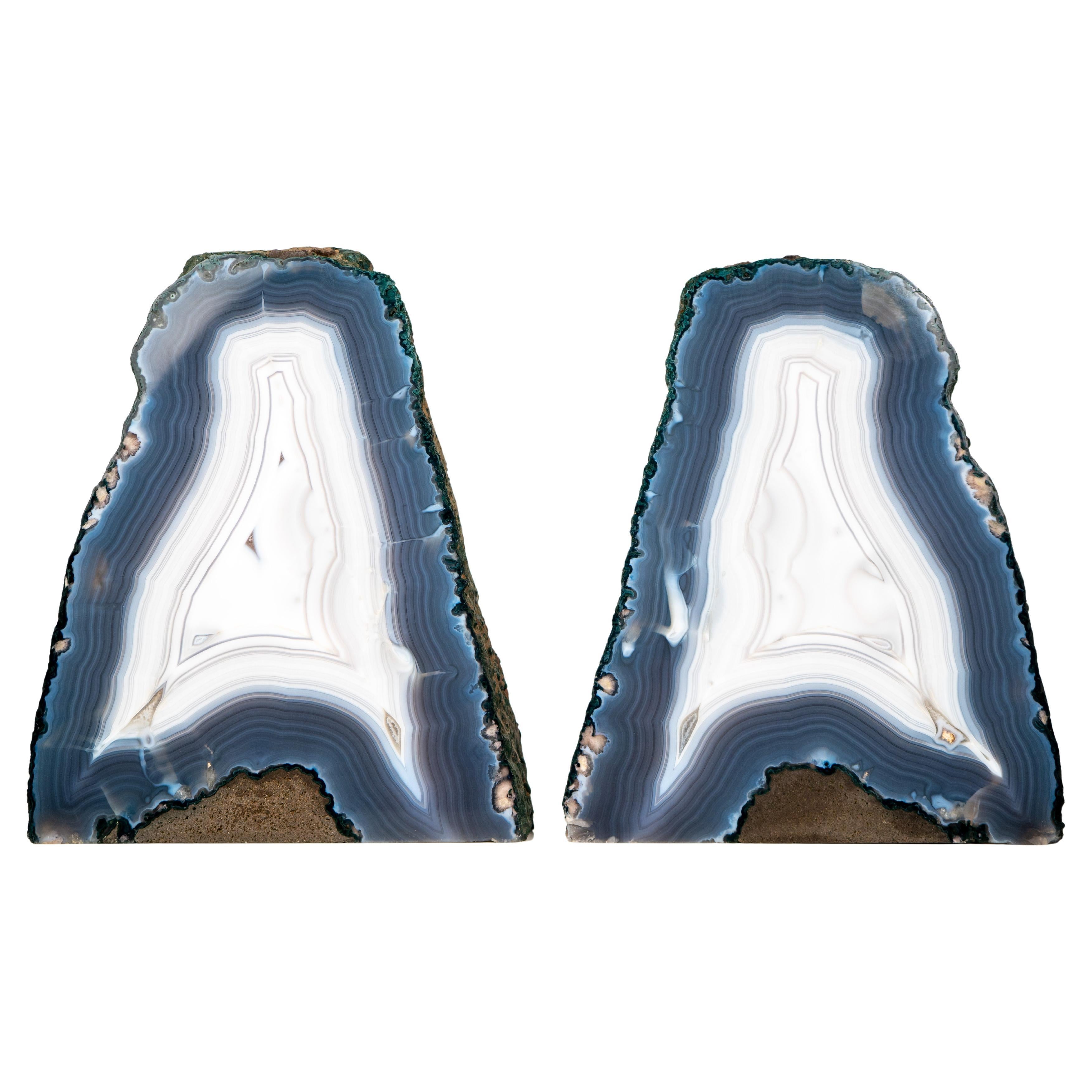 Pair of All-Natural Blue and White Agate Lace Geodes with Intact Drawn Lines
