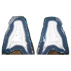 Pair of All-Natural Blue and White Agate Lace Geodes with Intact Drawn Lines