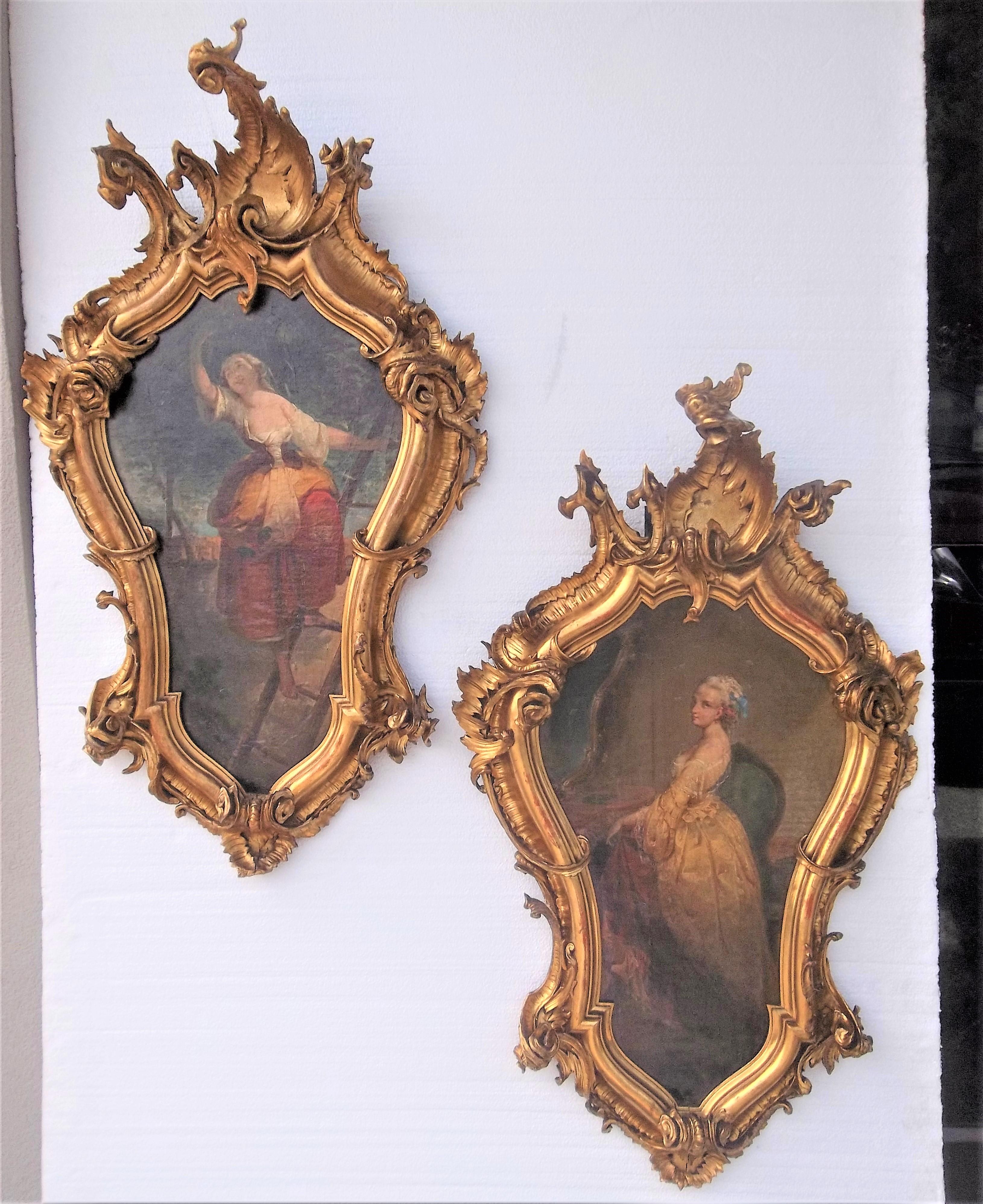 A pair of probably Venetian oils representing two of the Four Seasons. Oils are encased in hand-carved Venetian cartouche shaped gilt frames. Rich gilt patina and some slight bleeding of the red bole. Fall, represented by the peasant girl picking