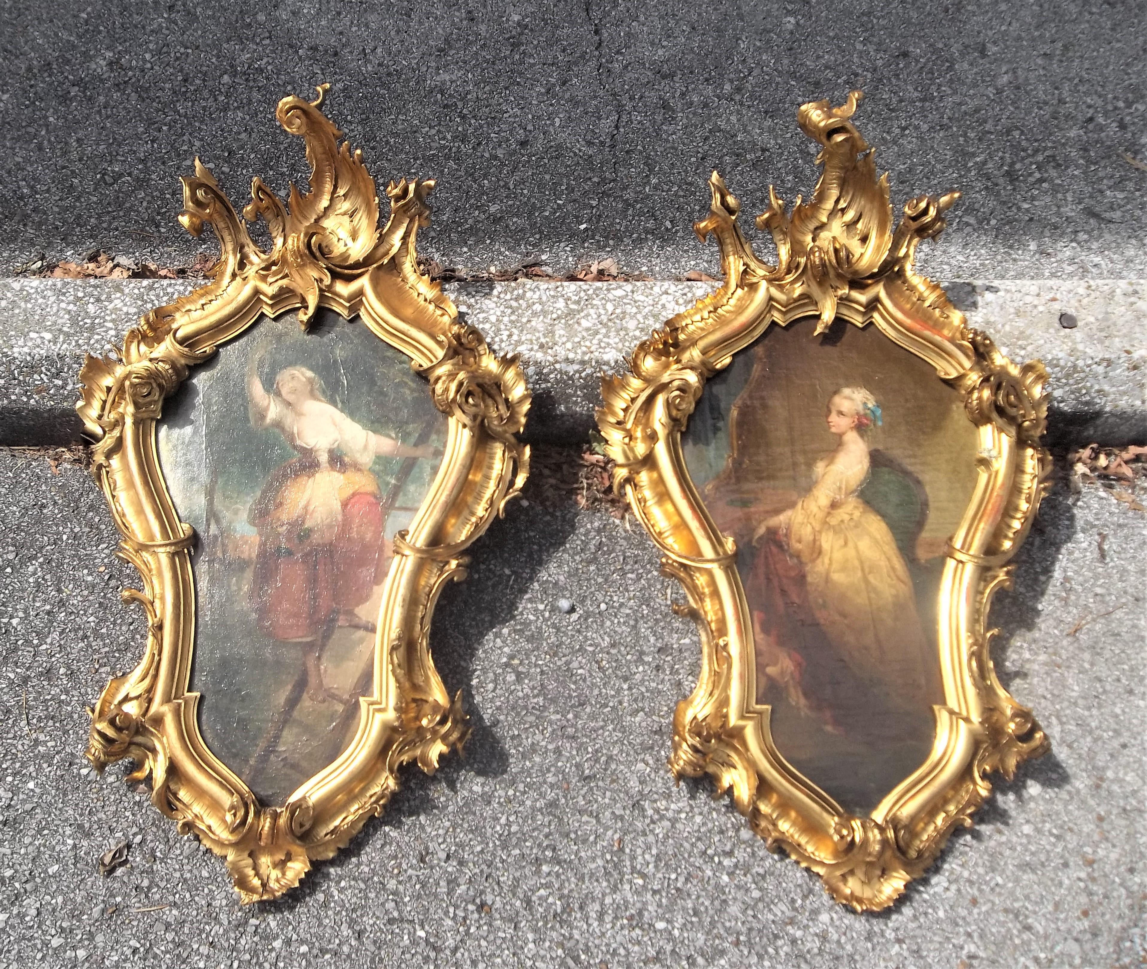 19th Century Pair of Allegorical Italian or Venetian Oils in Carved Giltwood Frames