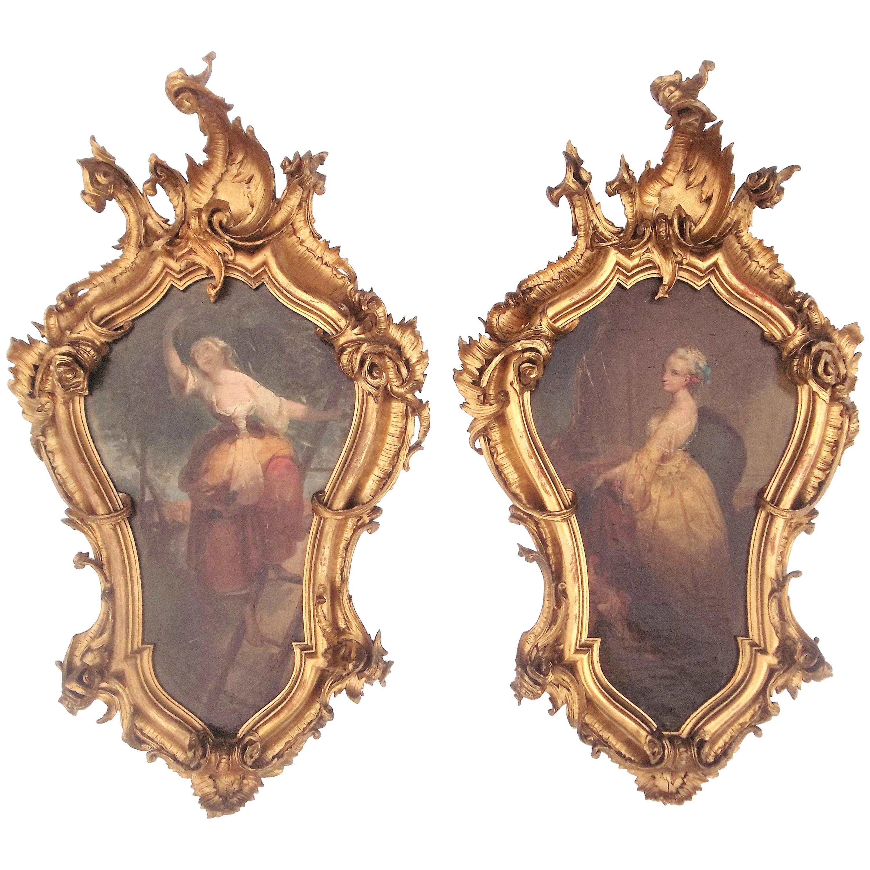 Pair of Allegorical Italian or Venetian Oils in Carved Giltwood Frames