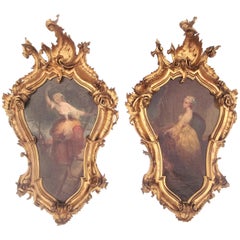Antique Pair of Allegorical Italian or Venetian Oils in Carved Giltwood Frames