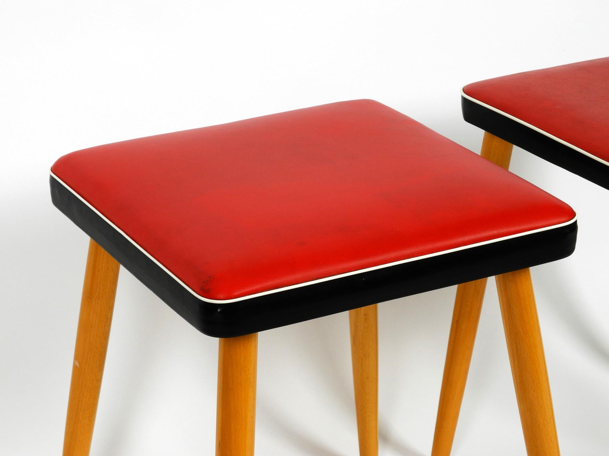 Pair of Almost Mint Midcentury Wooden Stools with Red Faux Leather Cover in Red 4
