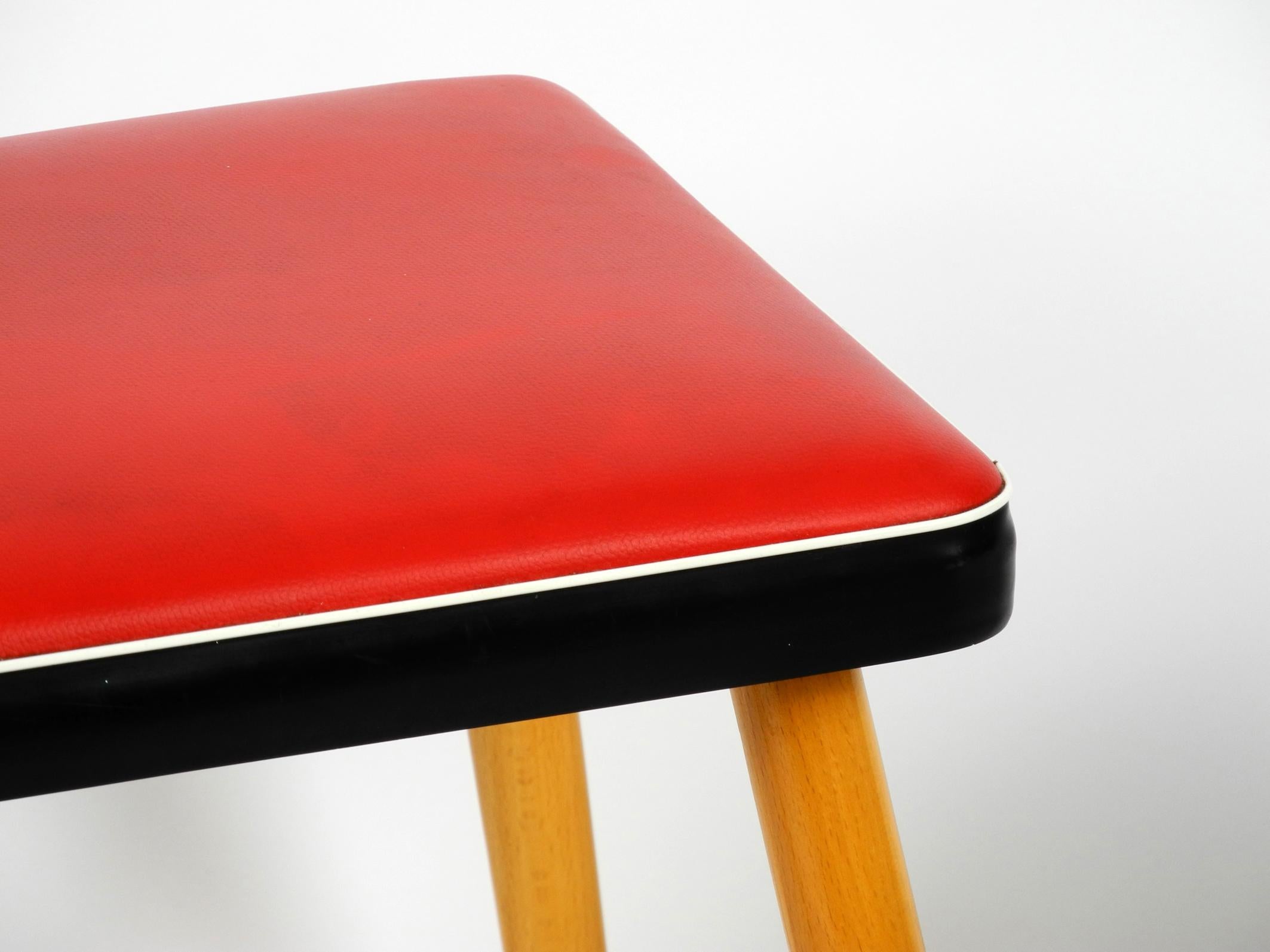 Pair of Almost Mint Midcentury Wooden Stools with Red Faux Leather Cover in Red 6