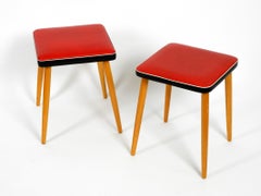 Pair of Almost Mint Midcentury Wooden Stools with Red Faux Leather Cover in Red