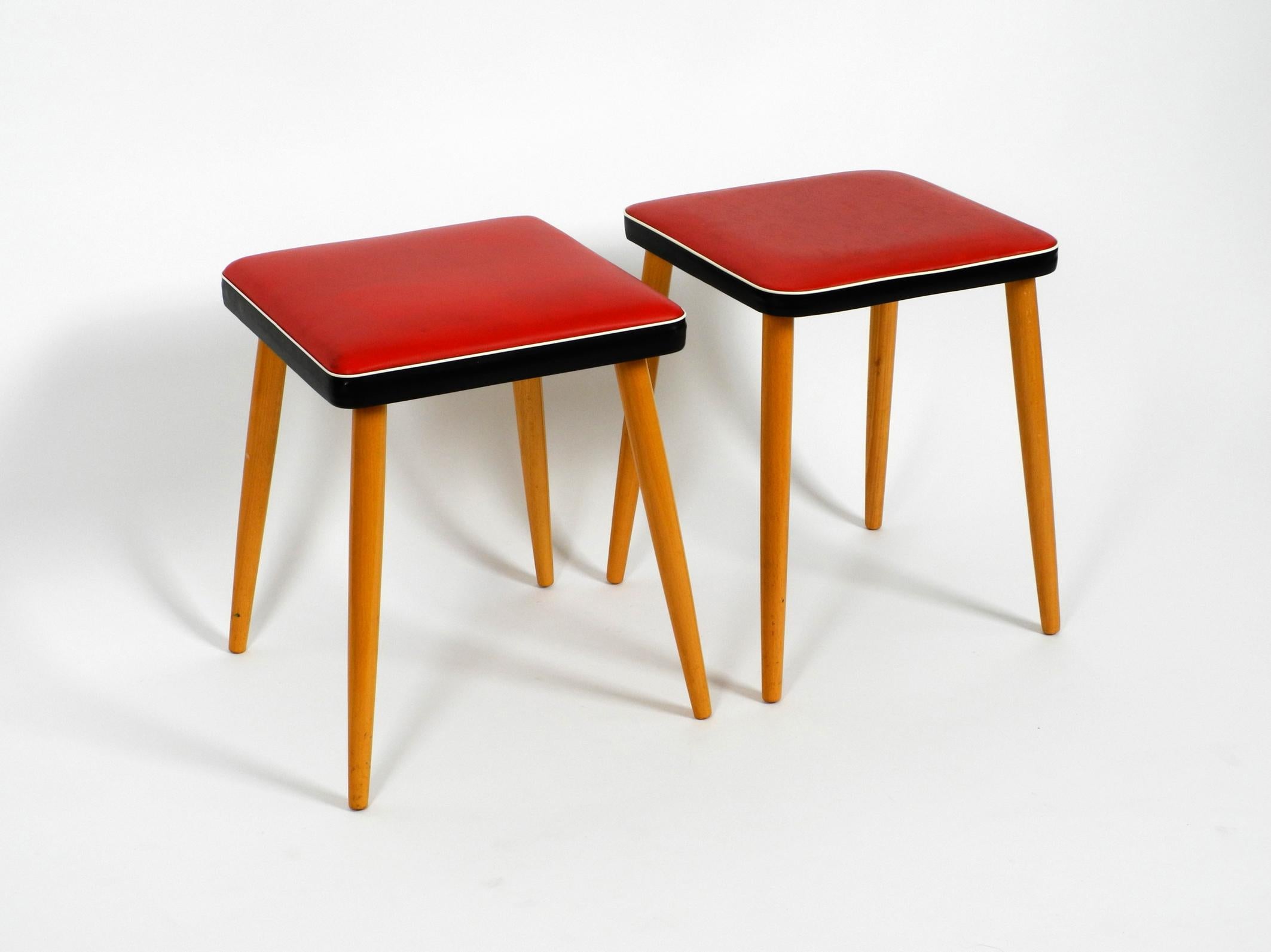 Mid-Century Modern Pair of Almost Mint Midcentury Wooden Stools with Red Faux Leather Cover in Red