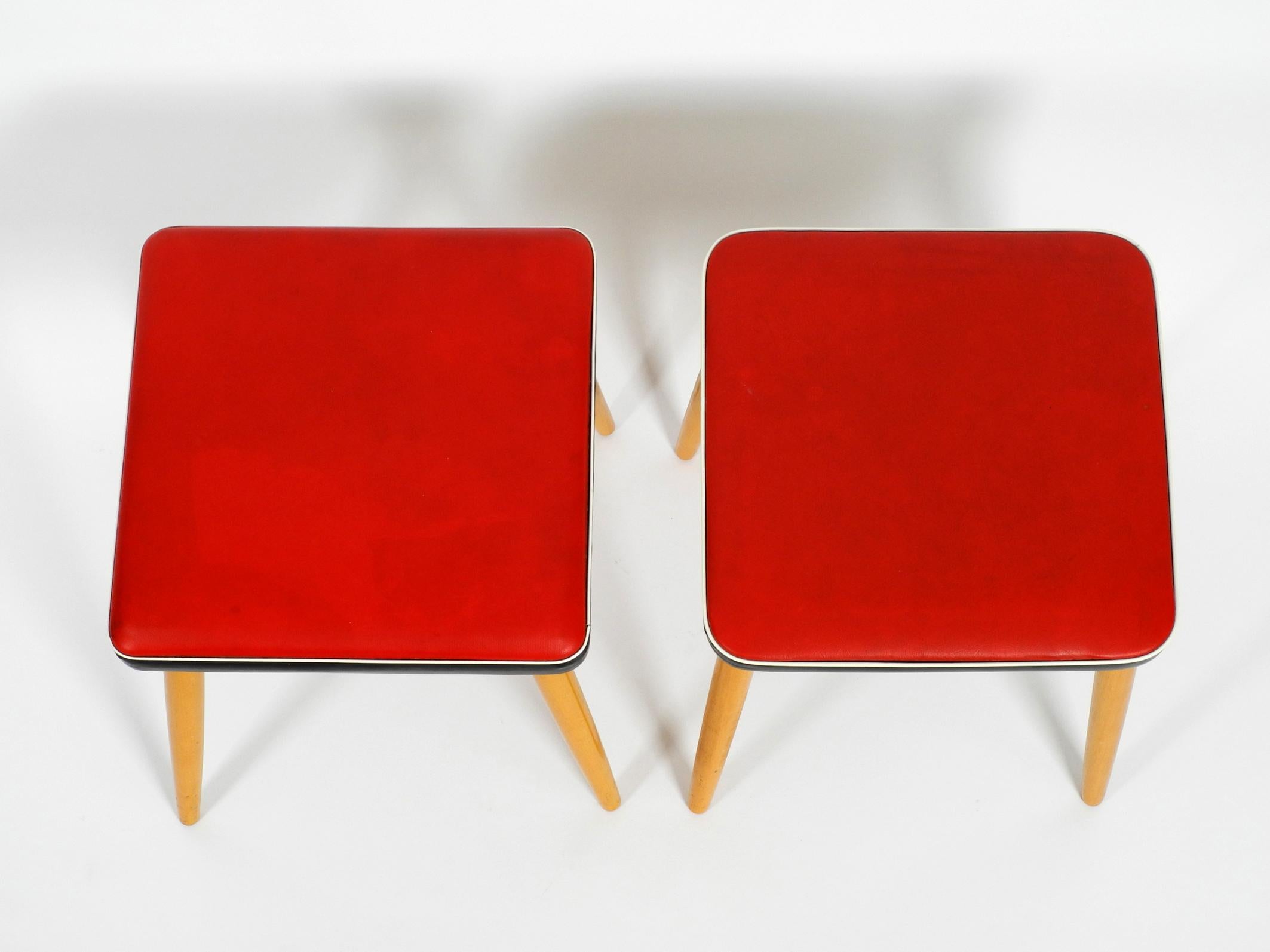 Pair of Almost Mint Midcentury Wooden Stools with Red Faux Leather Cover in Red 1