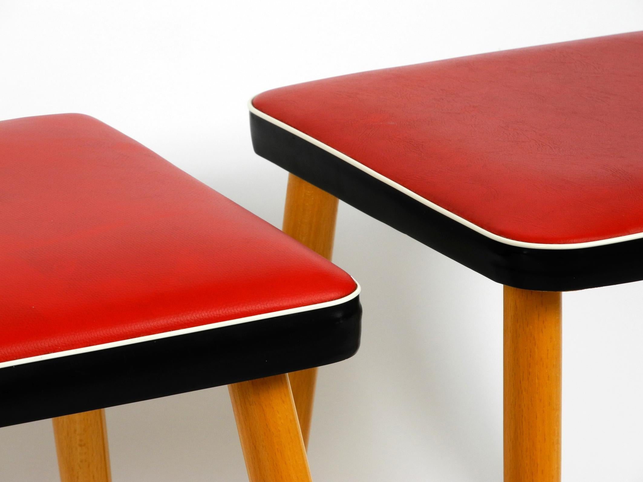 Pair of Almost Mint Midcentury Wooden Stools with Red Faux Leather Cover in Red 2