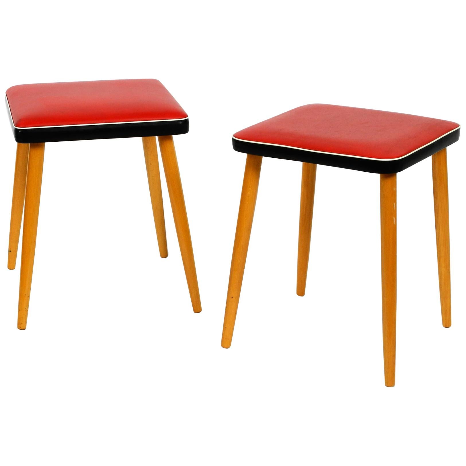 Pair of Almost Mint Midcentury Wooden Stools with Red Faux Leather Cover in Red