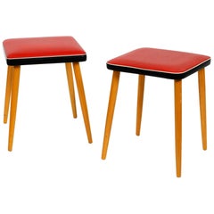 Pair of Almost Mint Midcentury Wooden Stools with Red Faux Leather Cover in Red Pair of Almost Mint Midcentury Wooden Stools with Red Faux Leather Cover in Red