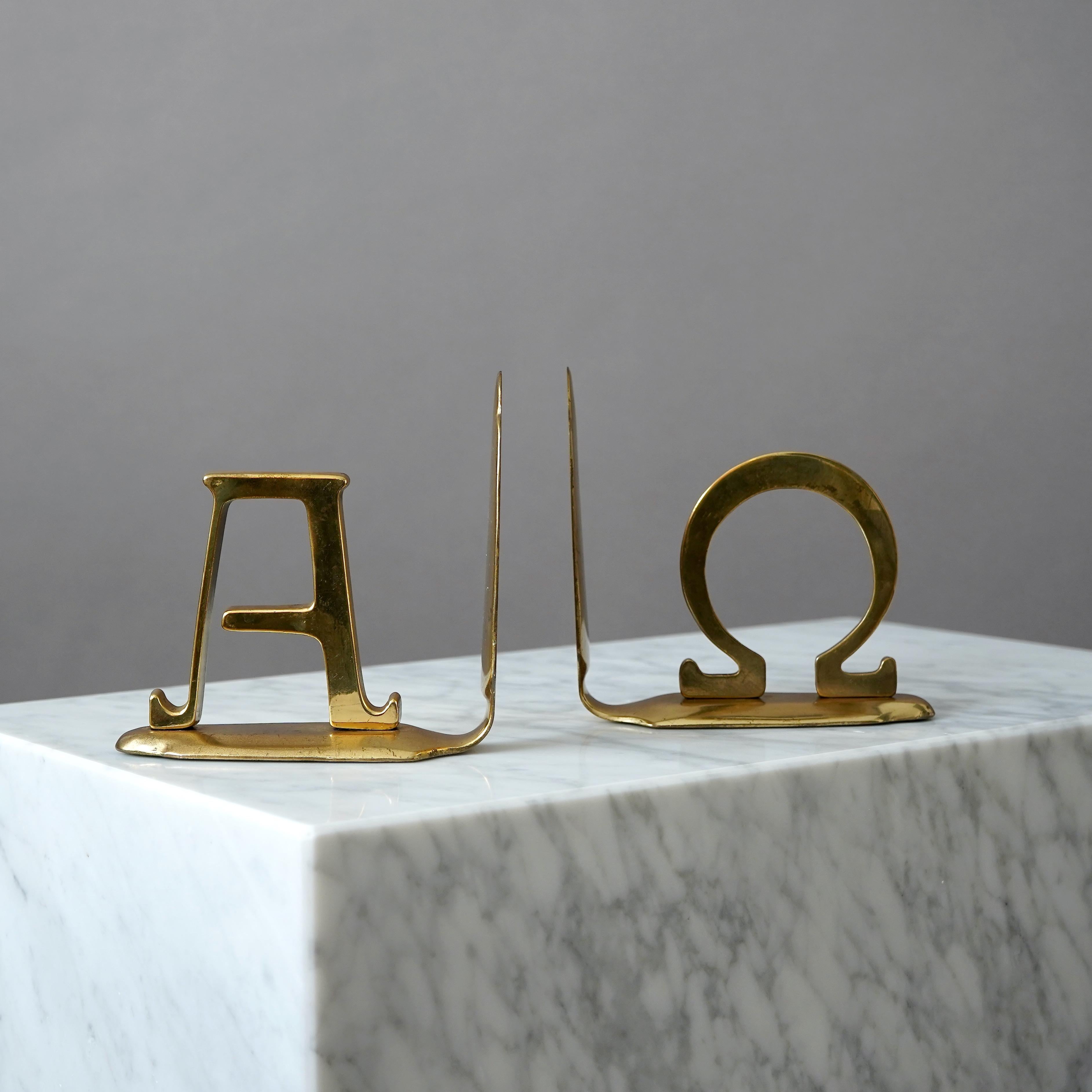 20th Century Pair of Alpha and Omega Brass Bookends, Germany, 1960s For Sale