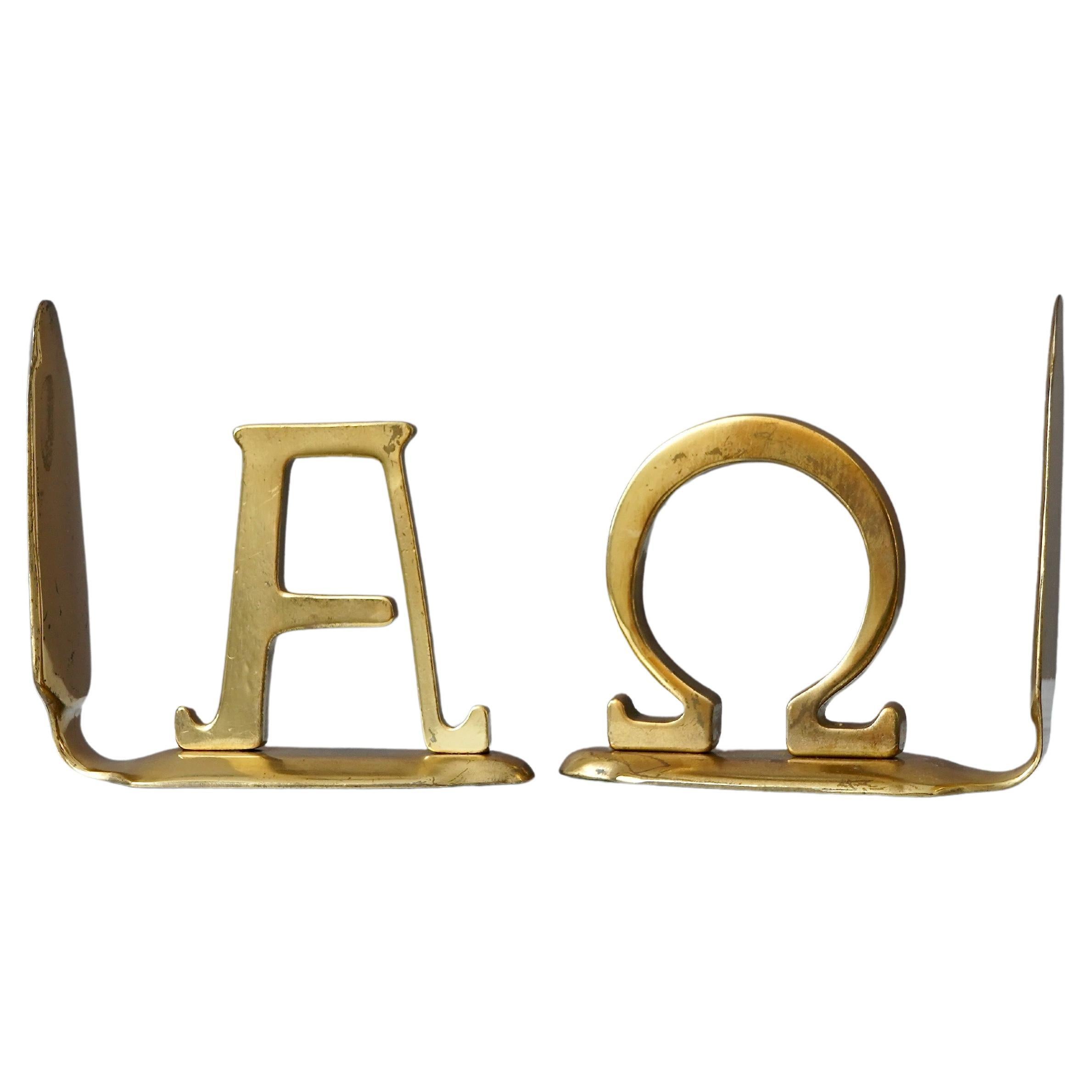 Pair of Alpha and Omega Brass Bookends, Germany, 1960s